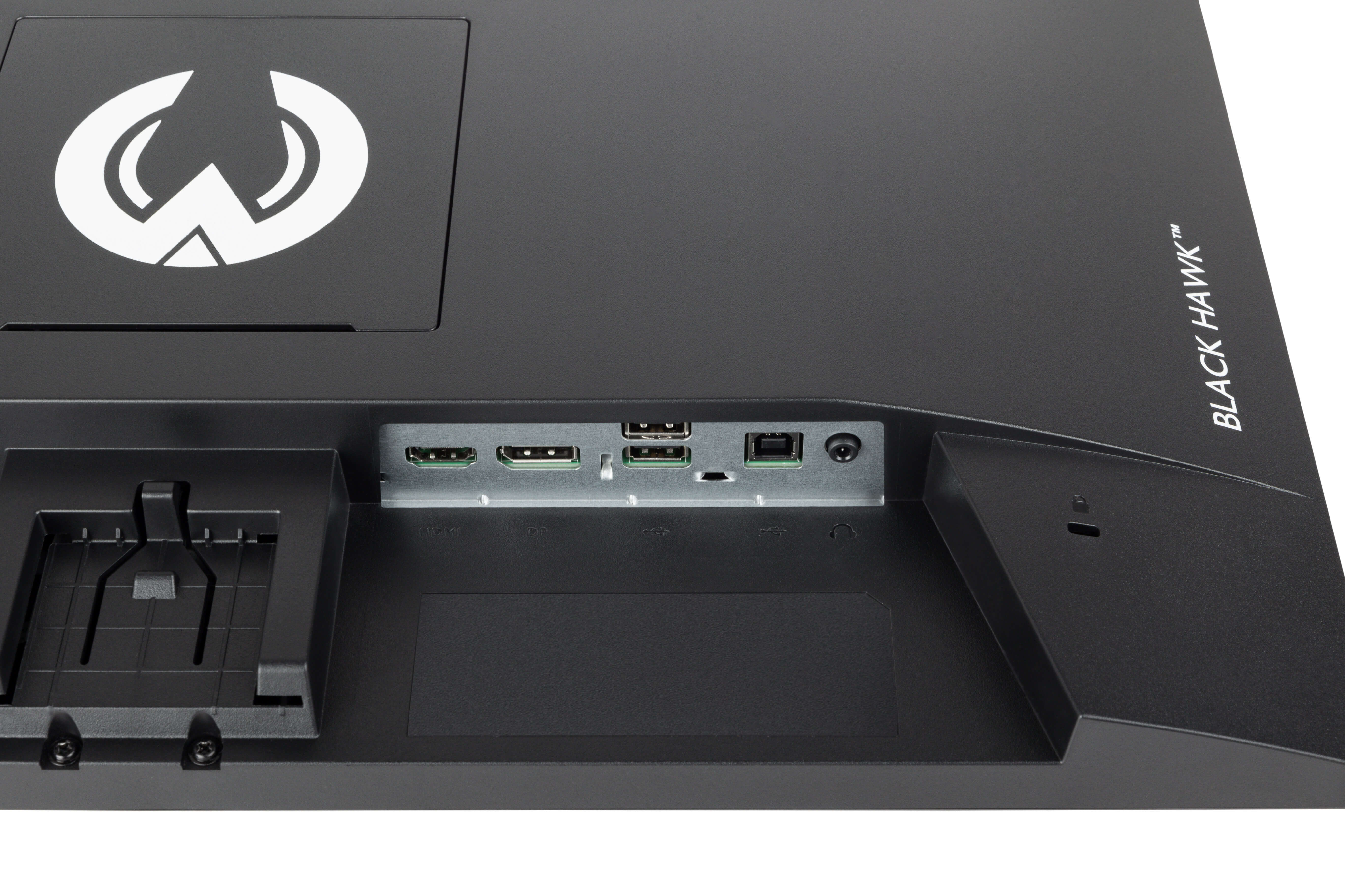 Czarny tył monitora z logo, portami i tekstem Black Hawk.