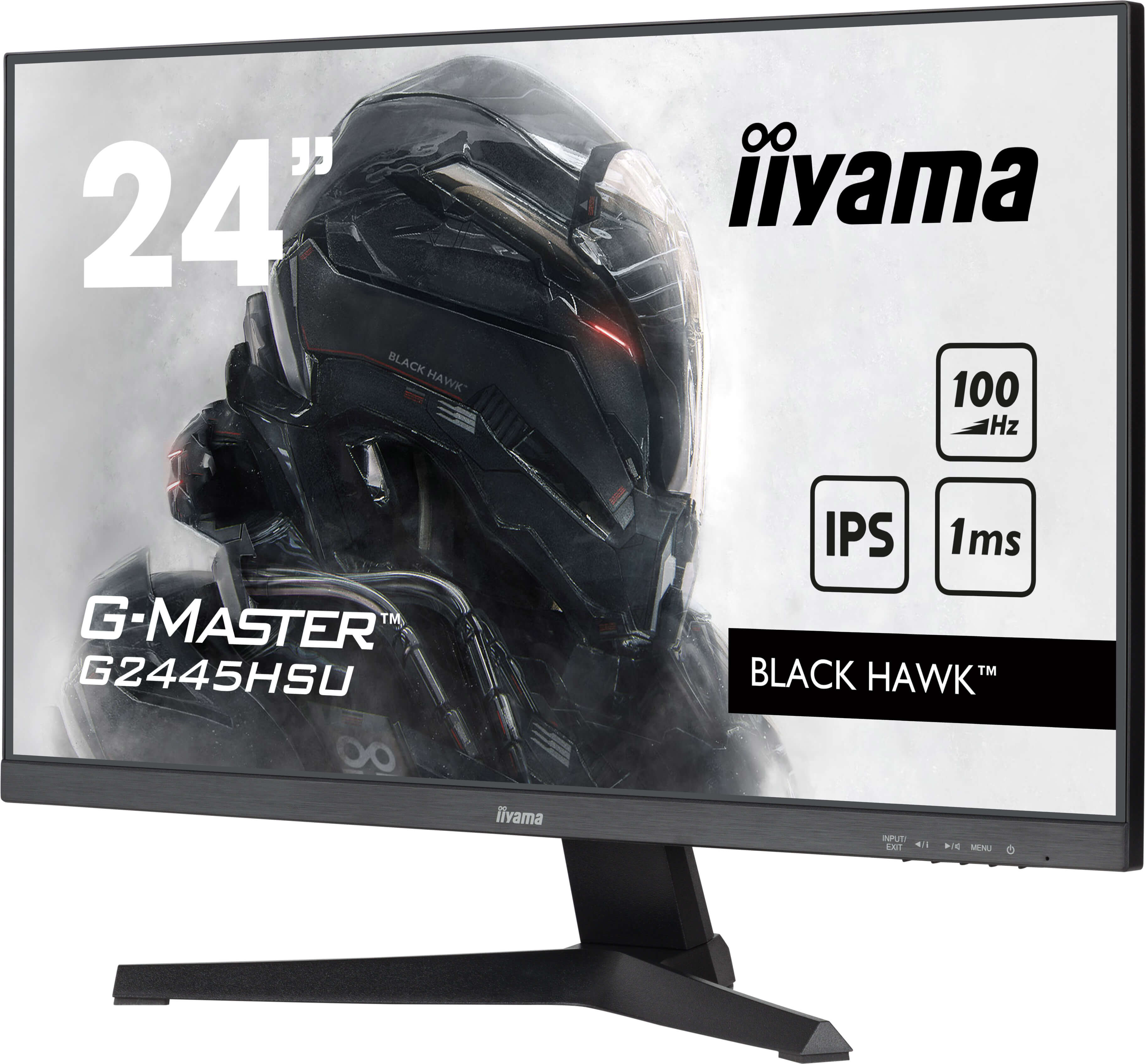 Monitor komputerowy z czarną ramką. Wyświetla futurystyczny design z tekstem: 24", iiyama, G-MASTER i Black Hawk.