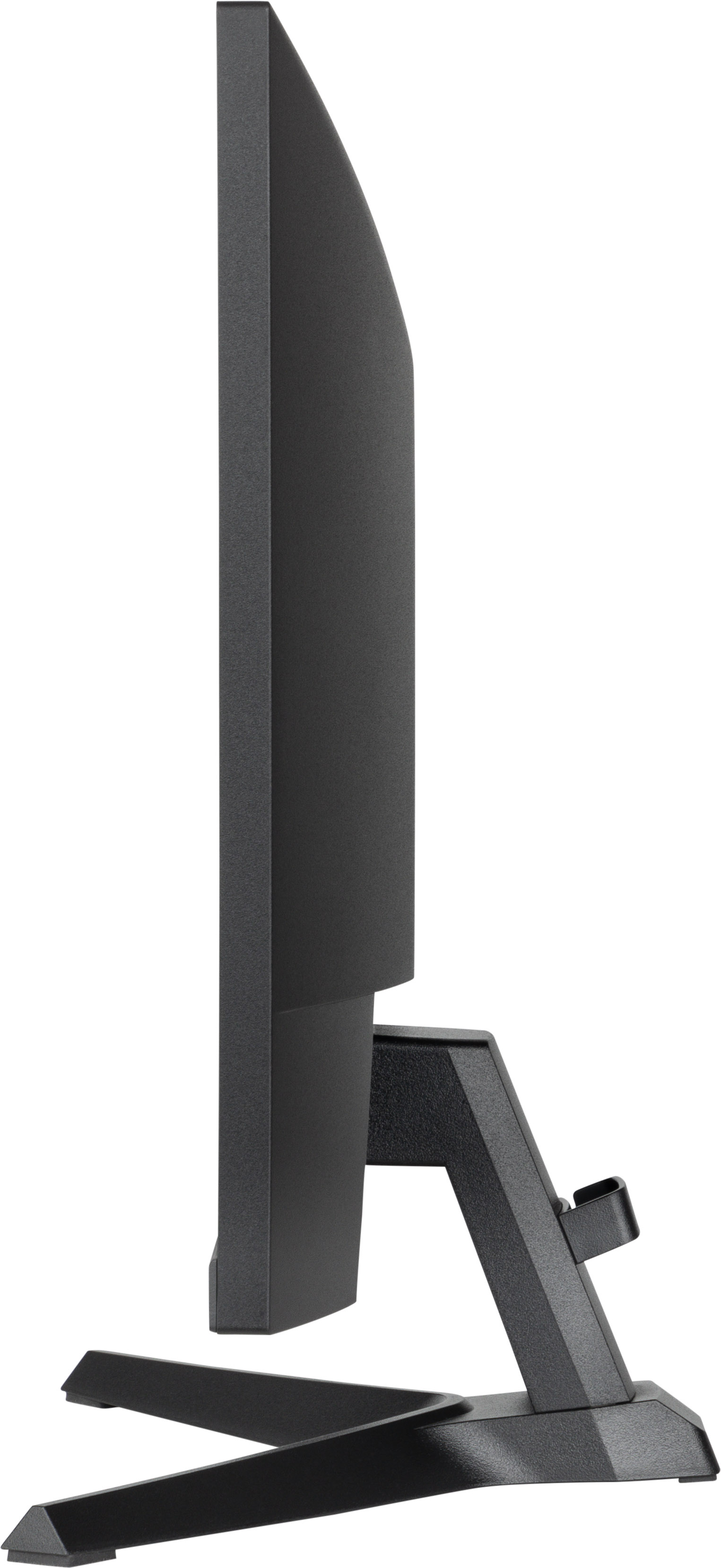 Widok z boku czarnego monitora komputera. Monitor stoi na czarnym stojaku. Tło jest białe.