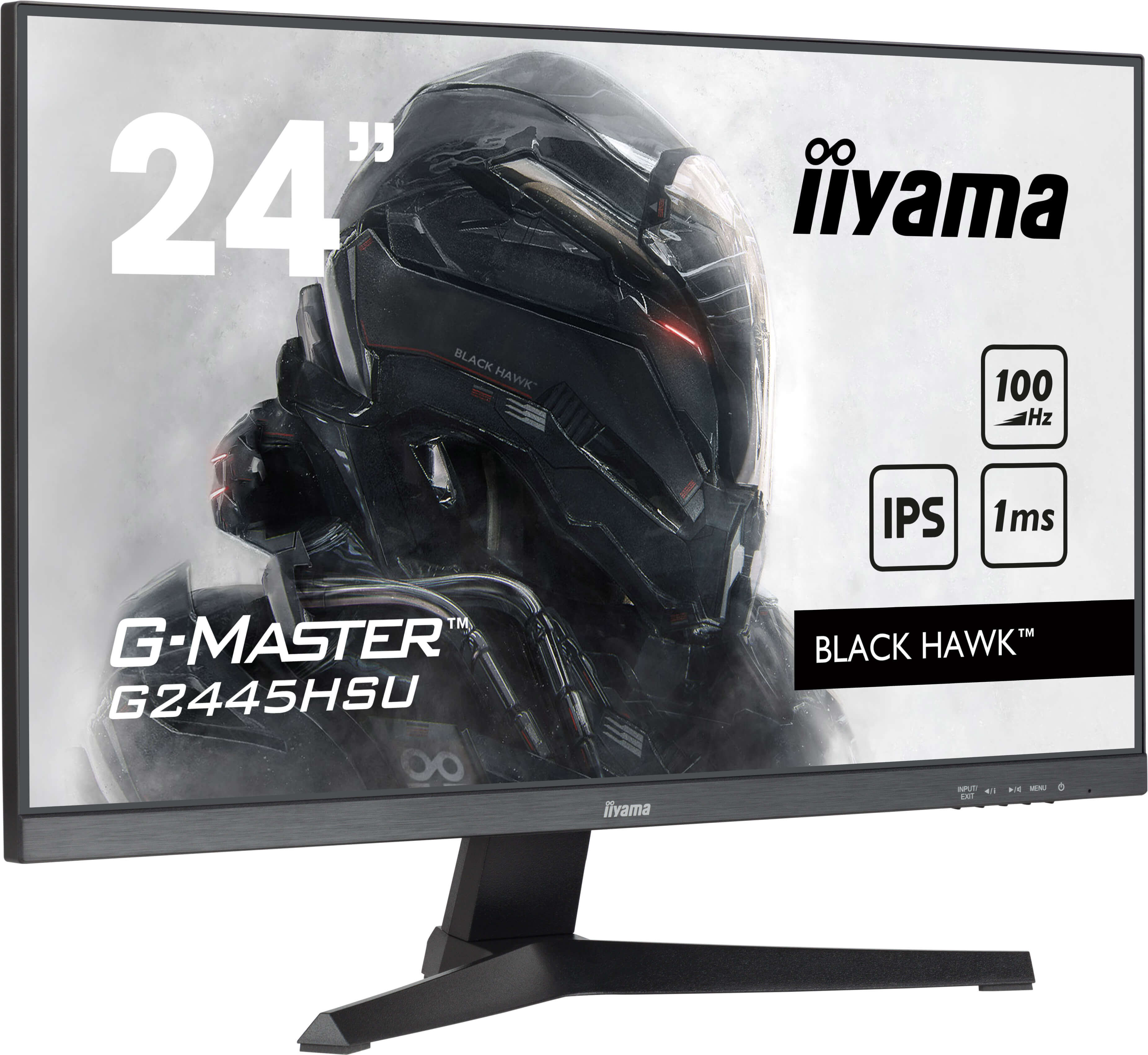 24-calowy monitor iiyama z serii G-MASTER Black Hawk. Przedstawia czarną, opancerzoną postać. Posiada IPS i 100 Hz.
