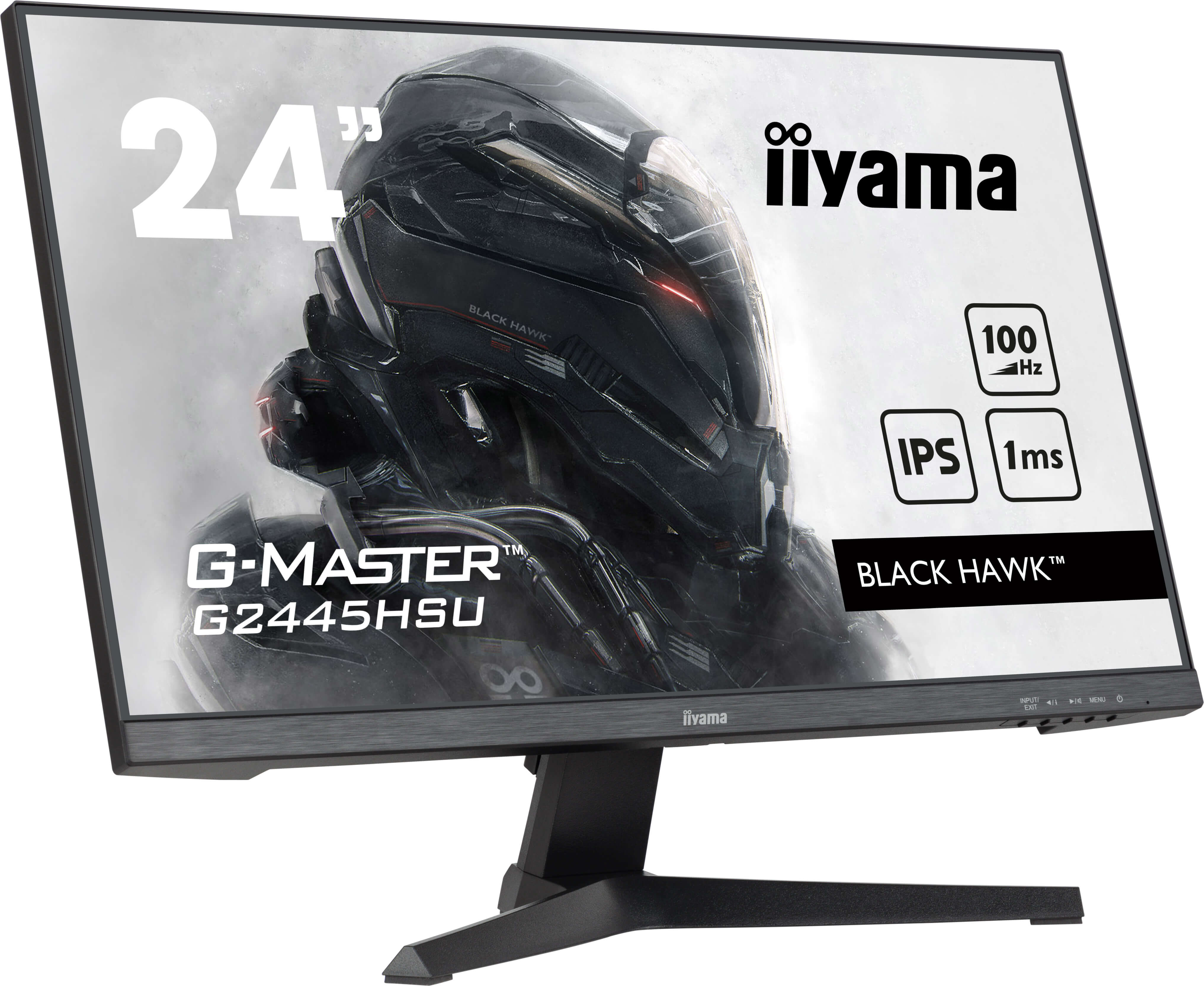 Monitor Iiyama G-Master 24". Ekran wyświetla futurystyczny obraz. Cechy: 100Hz, IPS, 1ms, Black Hawk.