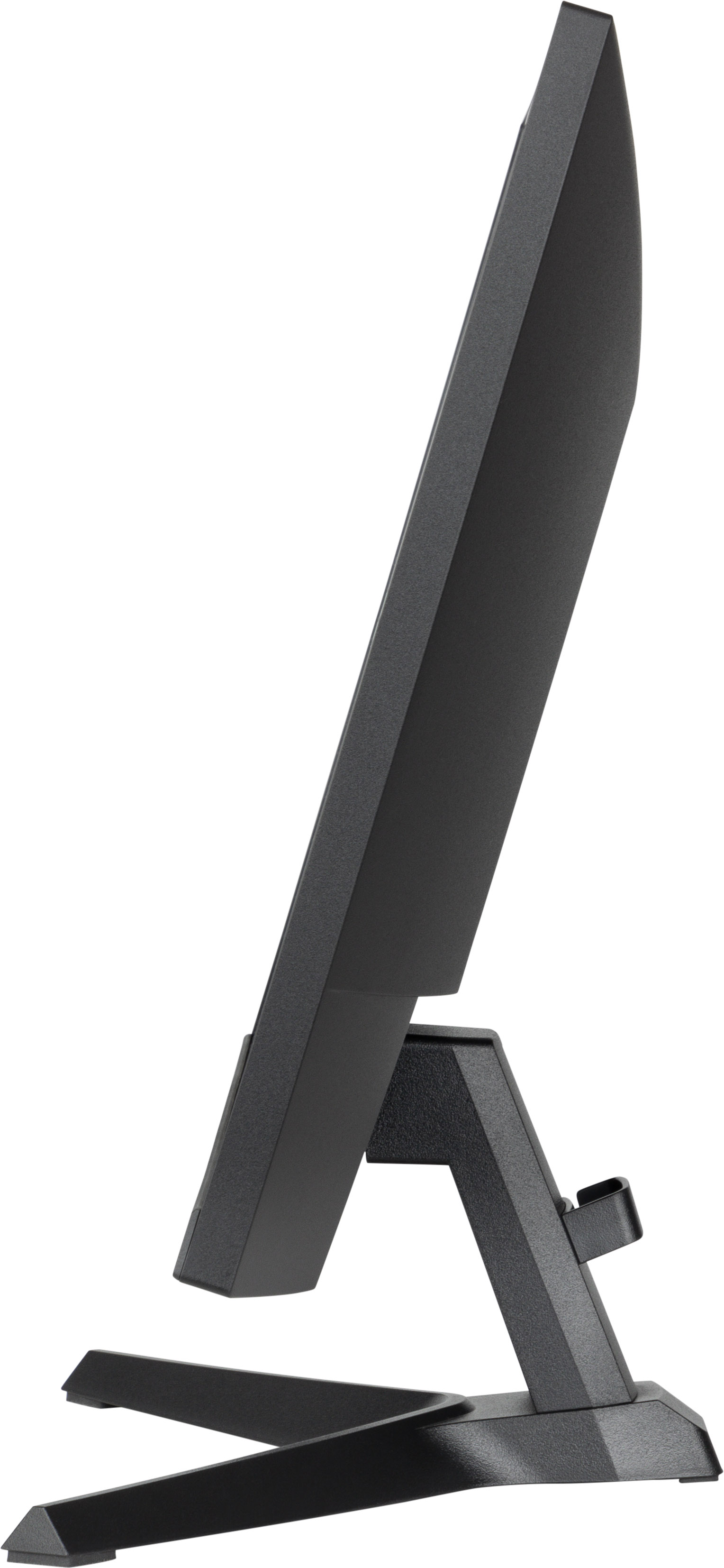 Czarny monitor komputera jest pochylony w lewo. Podstawa jest czarna, tło białe.