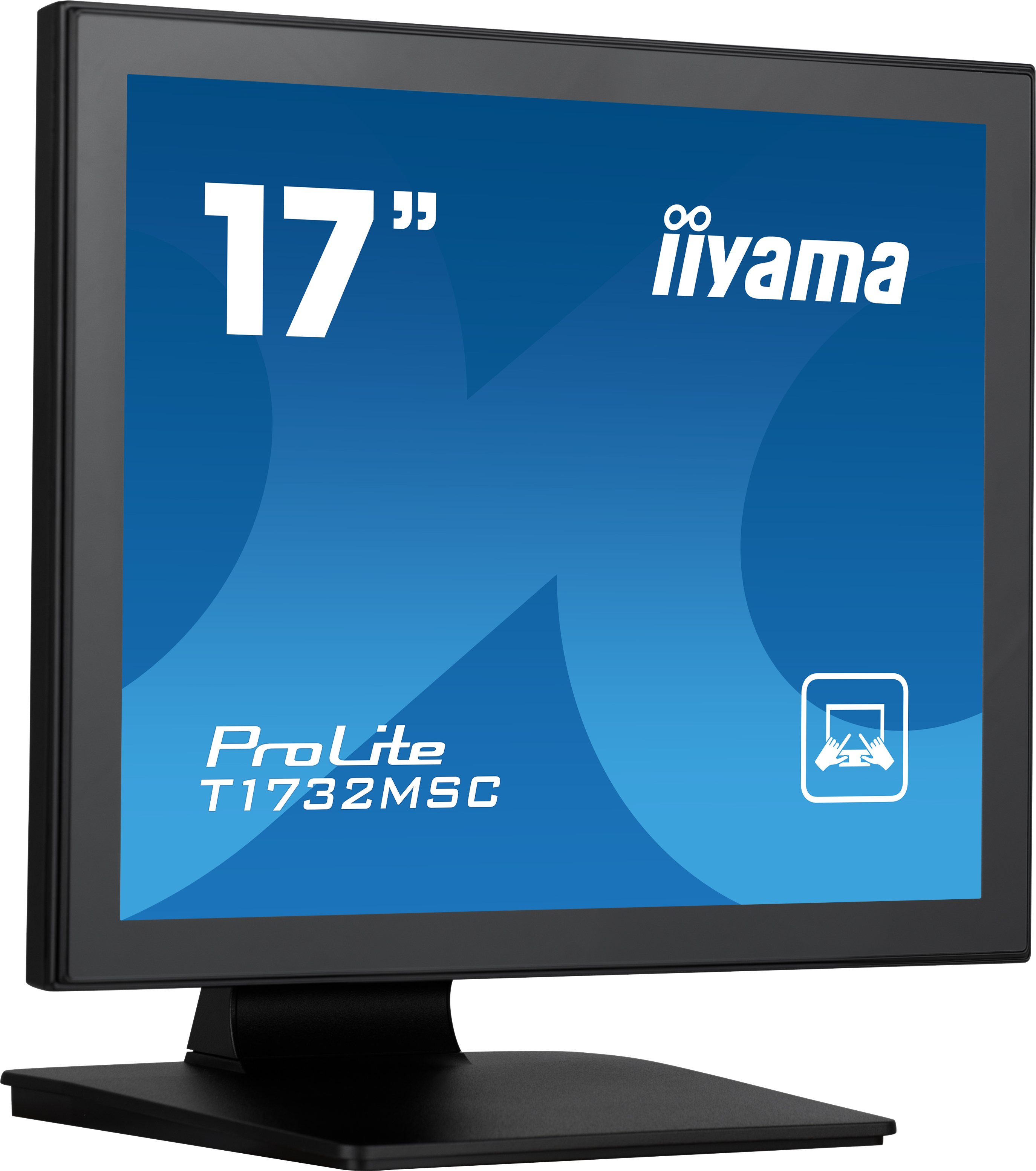 Ein schwarzer Computermonitor zeigt einen blauen Bildschirm mit weißem Text und Logo. Der Monitor steht auf einem schwarzen Ständer.