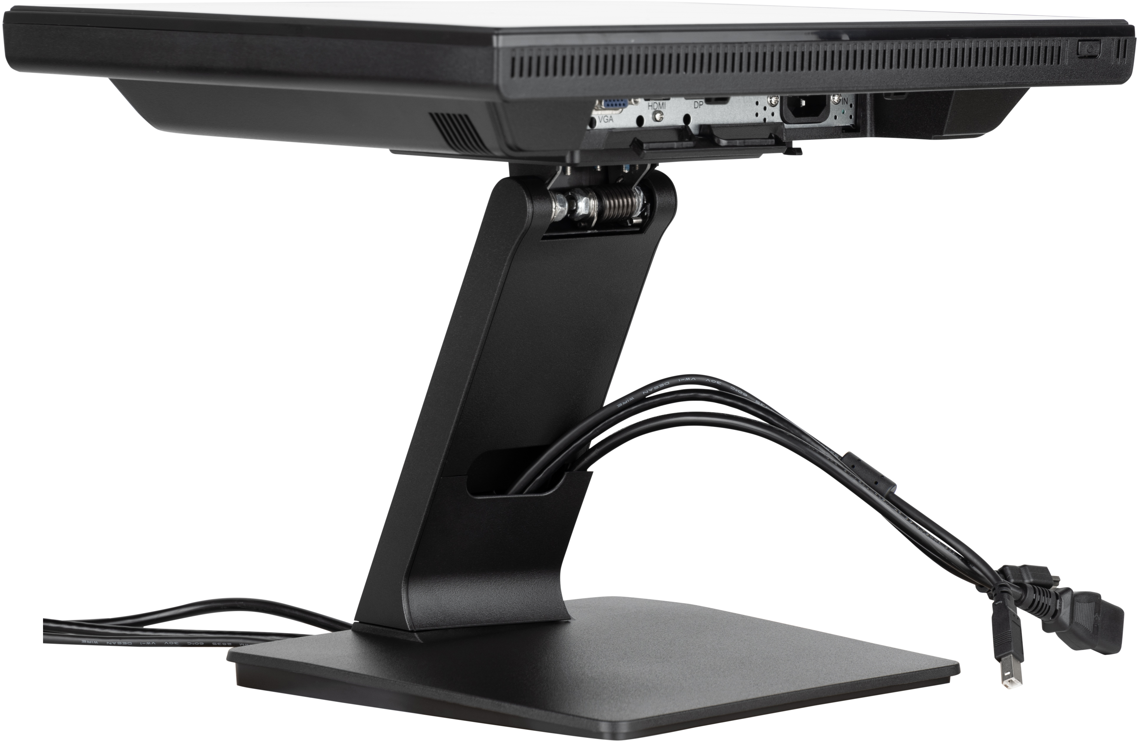 Schwarzer Computermonitor nach oben abgewinkelt. Die Rückseite hat Anschlüsse, Kabel und einen Ständer. VGA-, HDMI-, DP-Anschlüsse sind sichtbar.