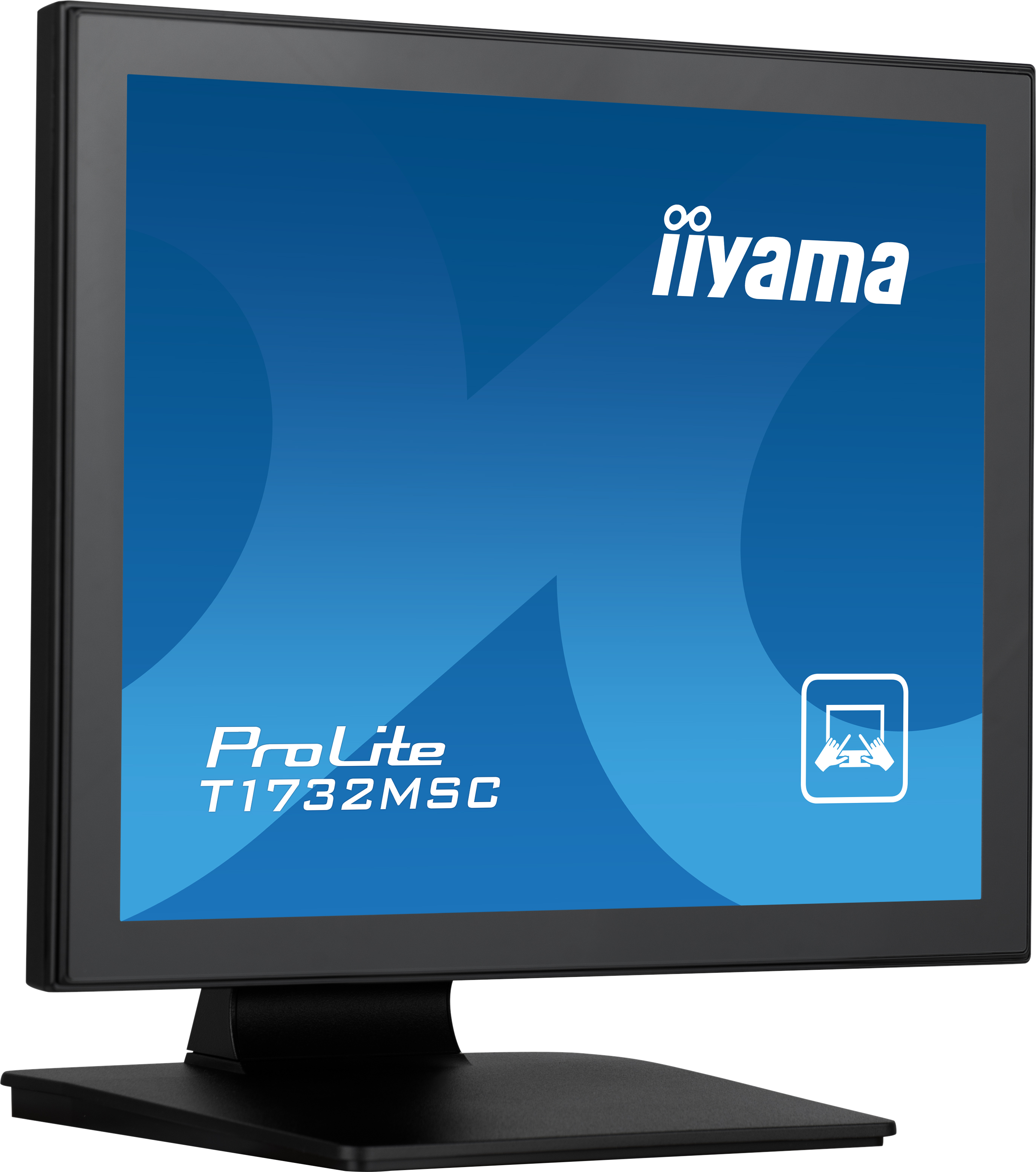 Ein schwarzer Computermonitor mit dem iiyama-Logo auf blauem Bildschirm. Der Monitor steht auf einem schwarzen Ständer.