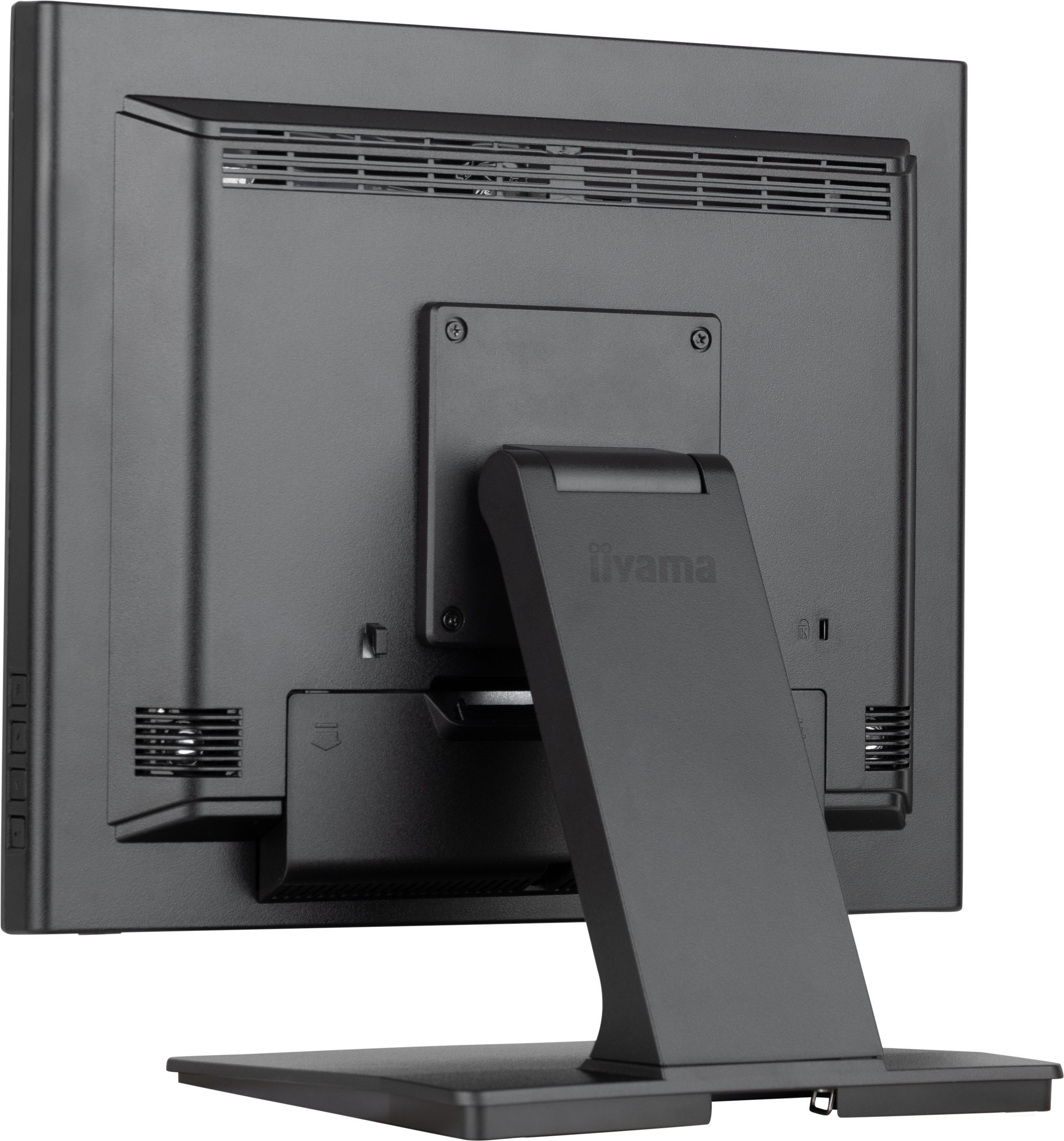 Rückseite eines schwarzen Computermonitors. Er hat einen Ständer und Lüftungsschlitze. Der Markenname 'iiyama' ist sichtbar.