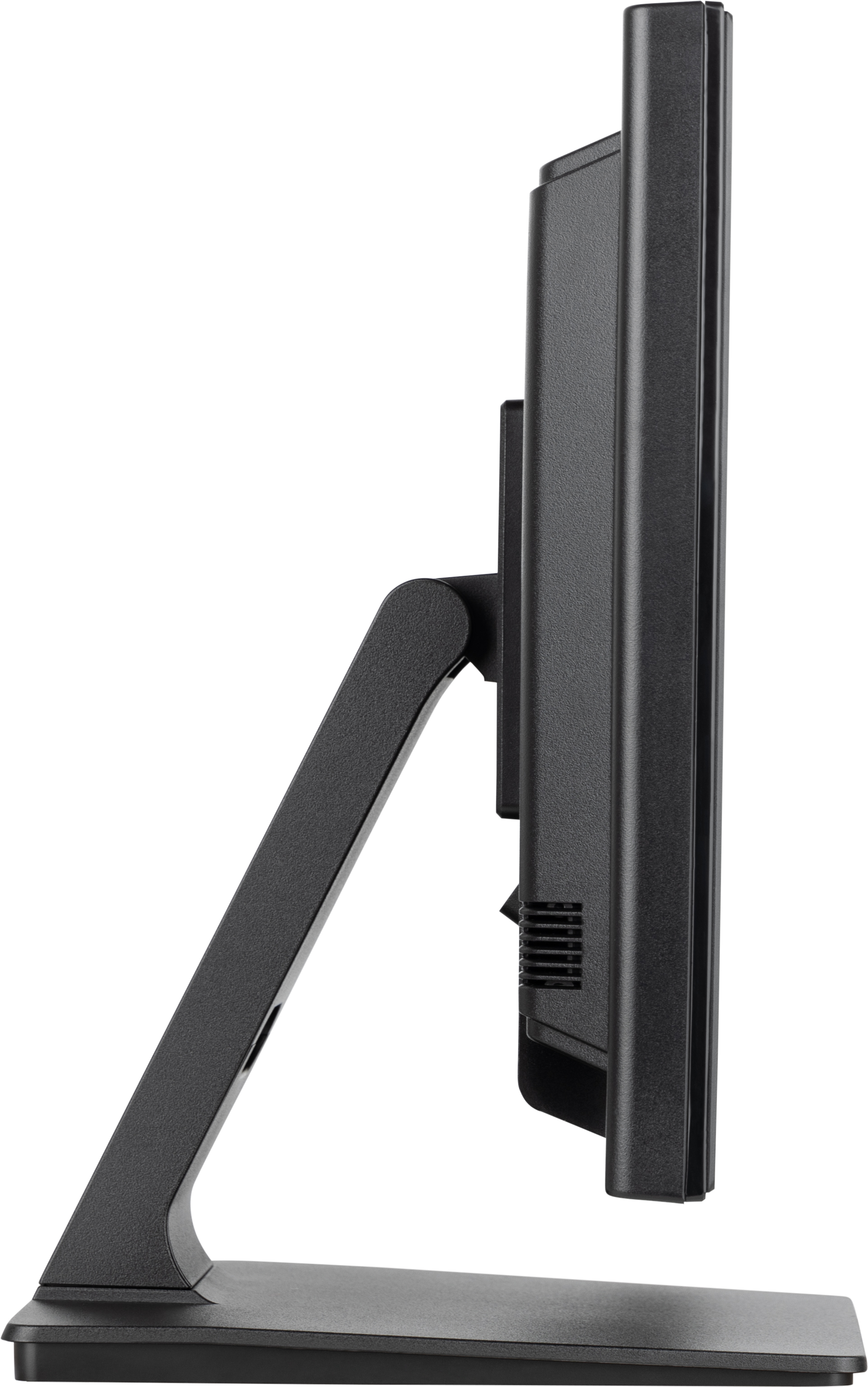 Seitenansicht eines schwarzen Computermonitors. Der Monitor steht auf einem Ständer, der Hintergrund ist weiß.