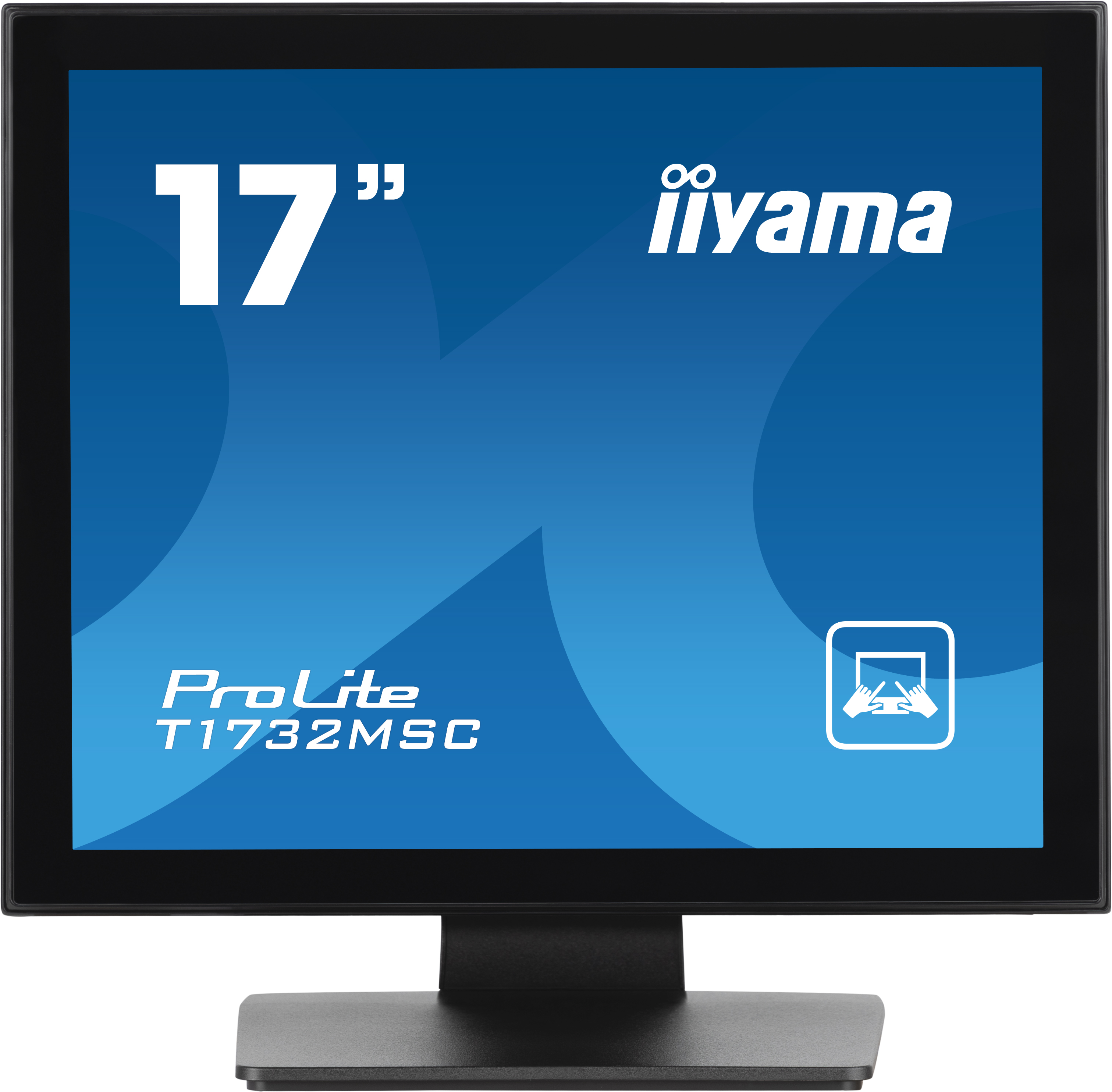 Ein 17-Zoll-iiyama ProLite T1732MSC-Monitor auf einem schwarzen Ständer. Der Bildschirm hat einen blauen Hintergrund mit weißem Text.