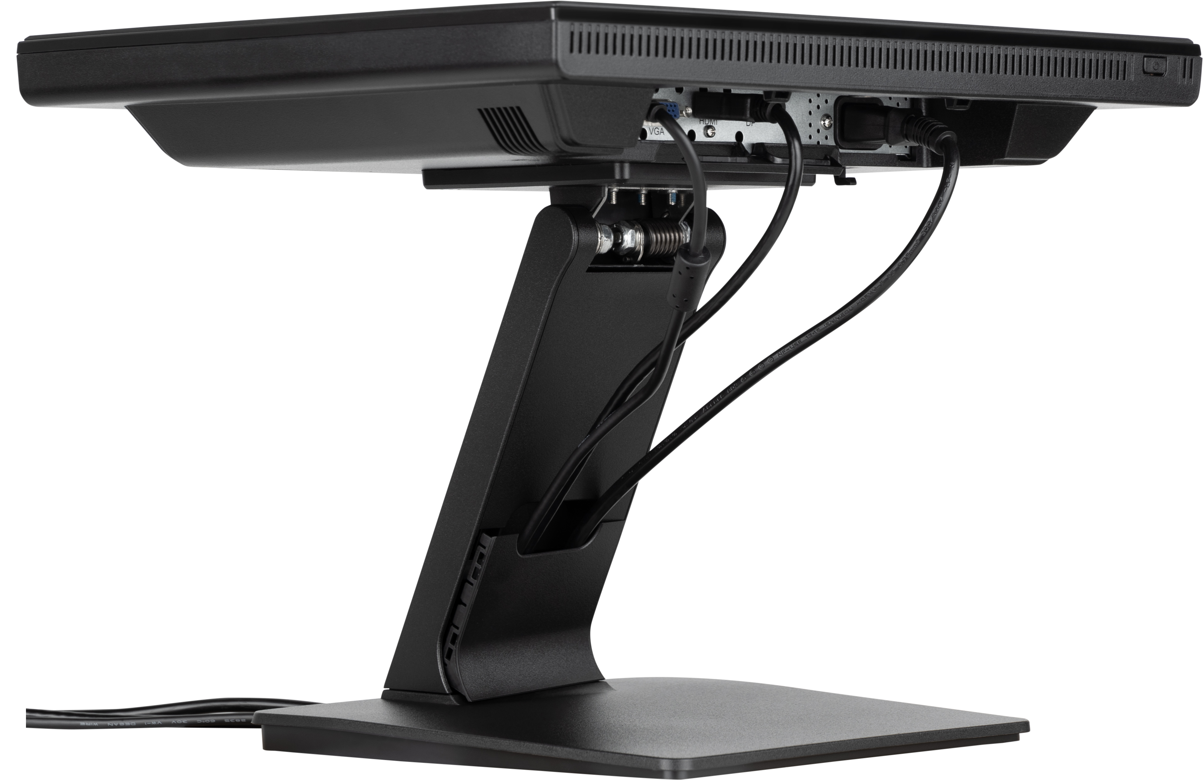Schwarzer Computermonitor mit Kabeln auf der Rückseite. Der Monitor steht auf einem Ständer.