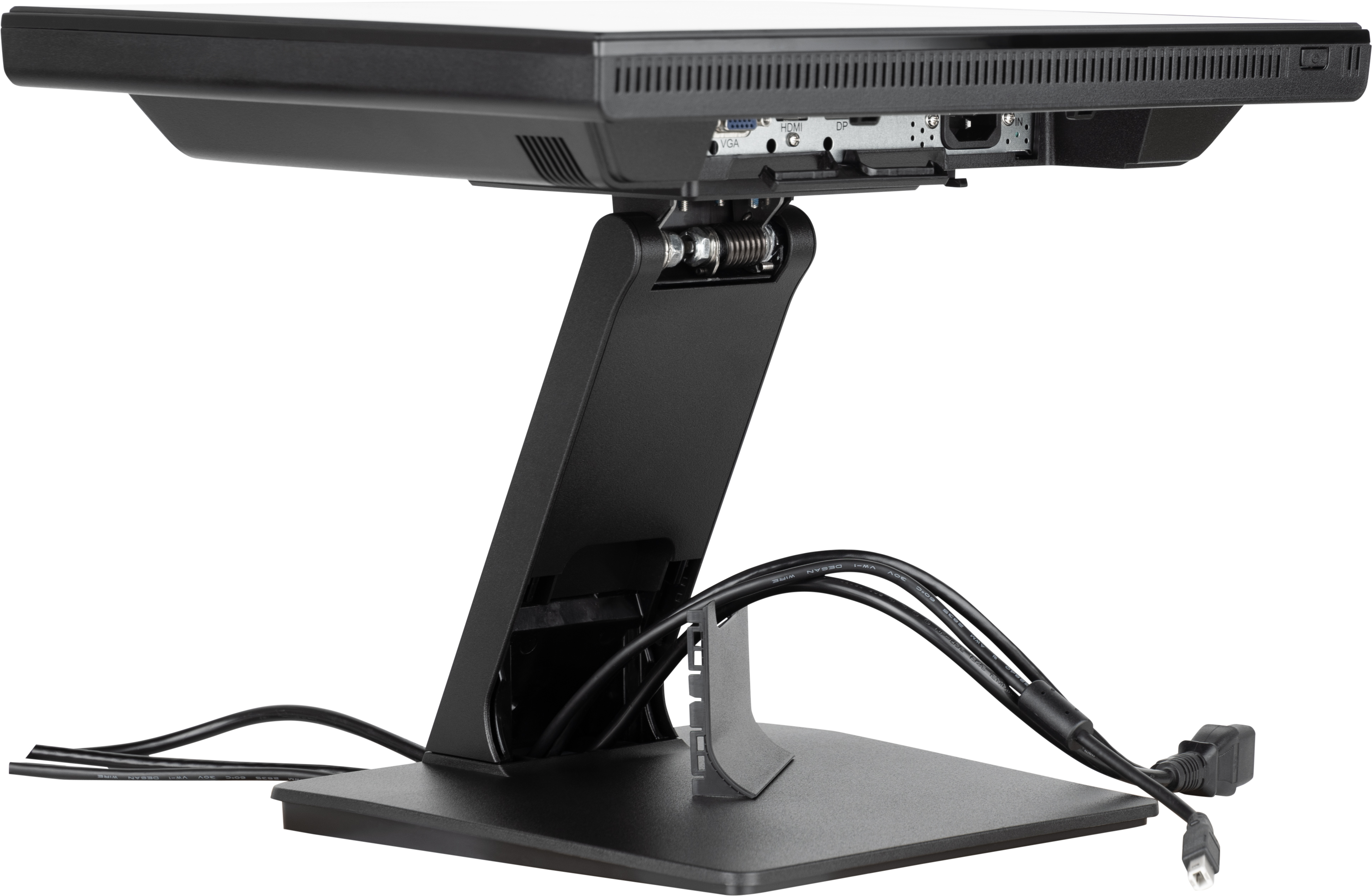Ein schwarzer Computermonitor mit Ständer und Kabeln vor weißem Hintergrund.