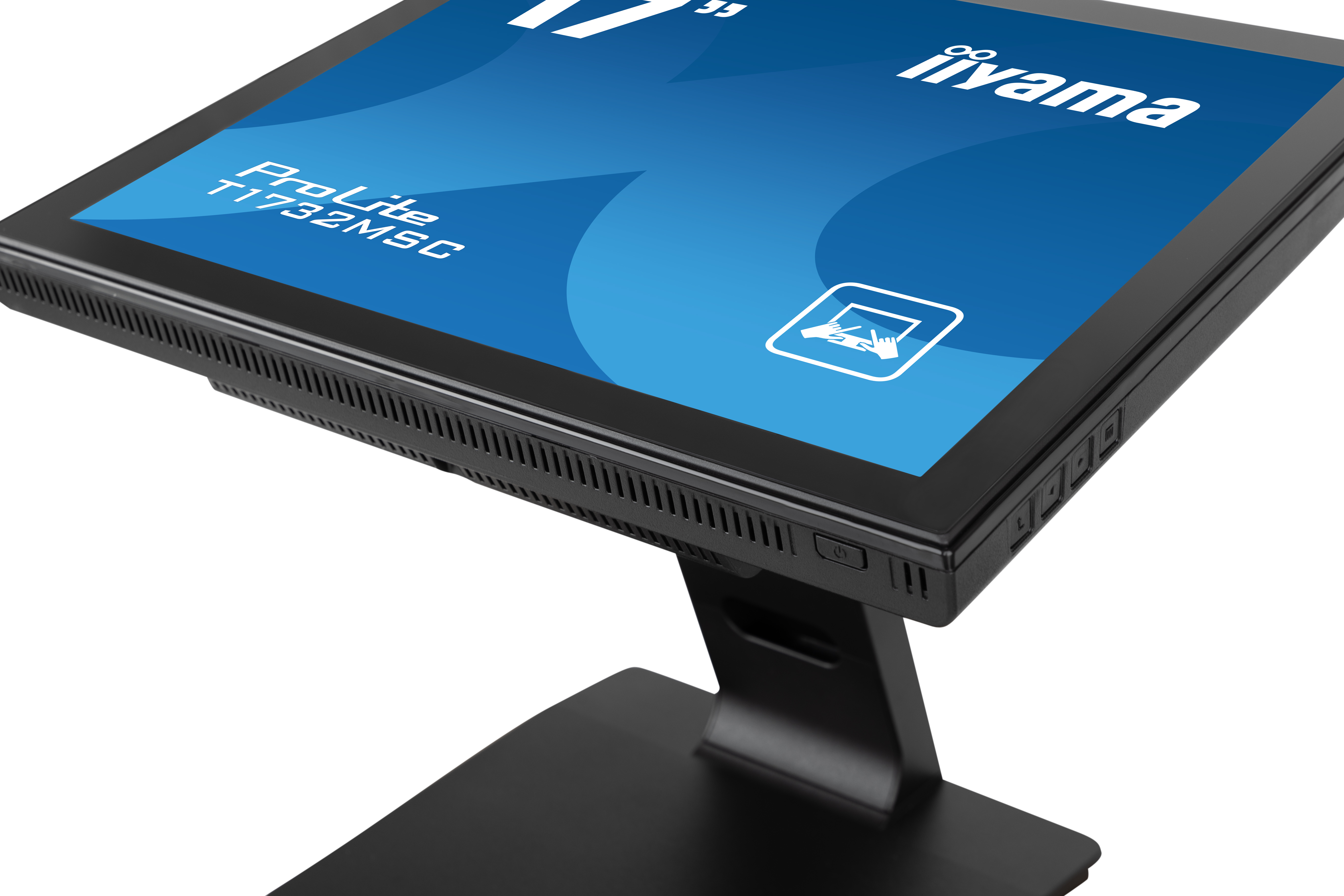 Ein schwarzer iiyama ProLite Touchscreen-Monitor auf einem schwarzen Ständer. Der Bildschirm zeigt einen blauen Hintergrund mit weißem Text.