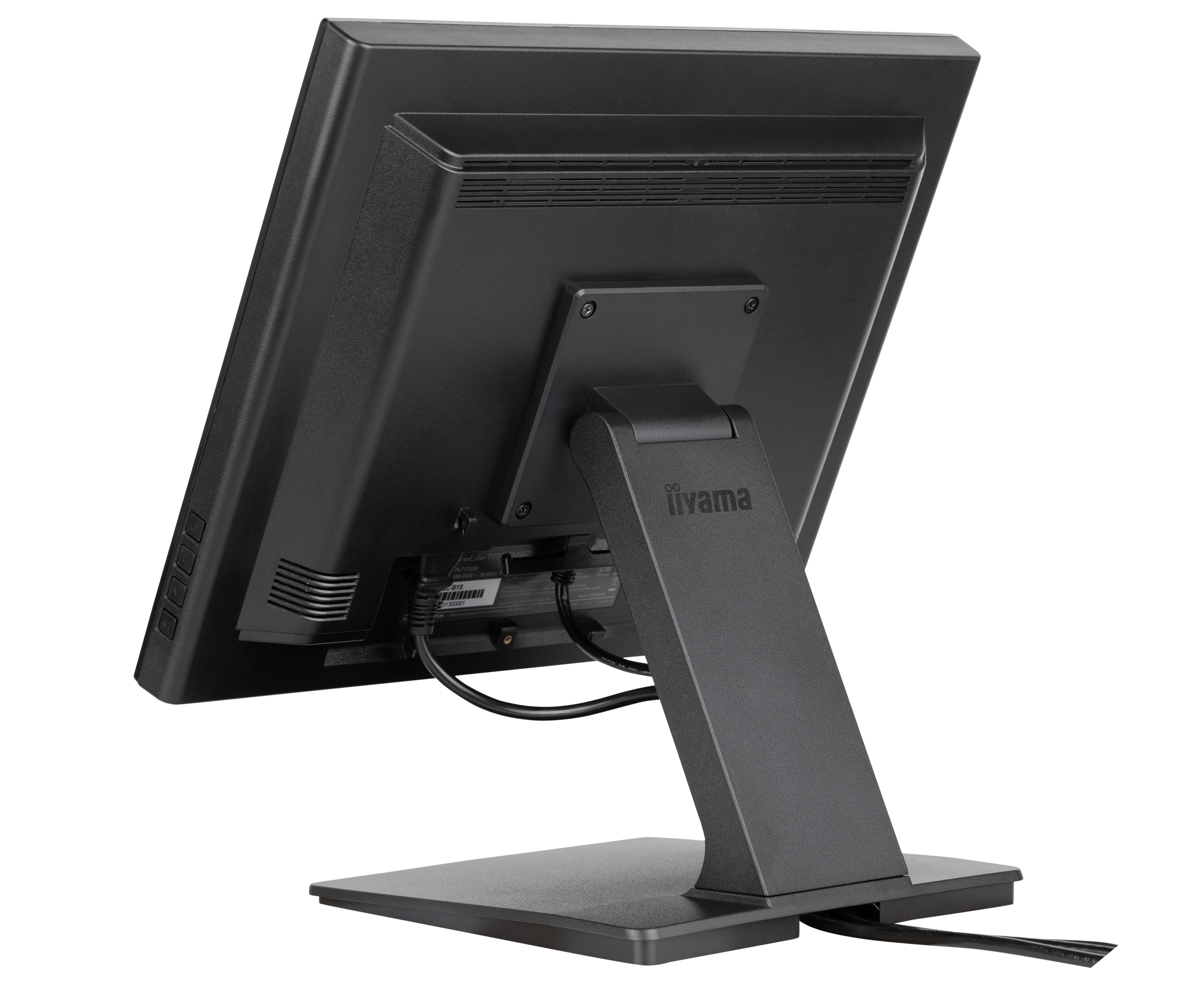 Ein schwarzer Computermonitor mit Ständer. Die Rückseite des Monitors und des Ständers sind vor weißem Hintergrund sichtbar.