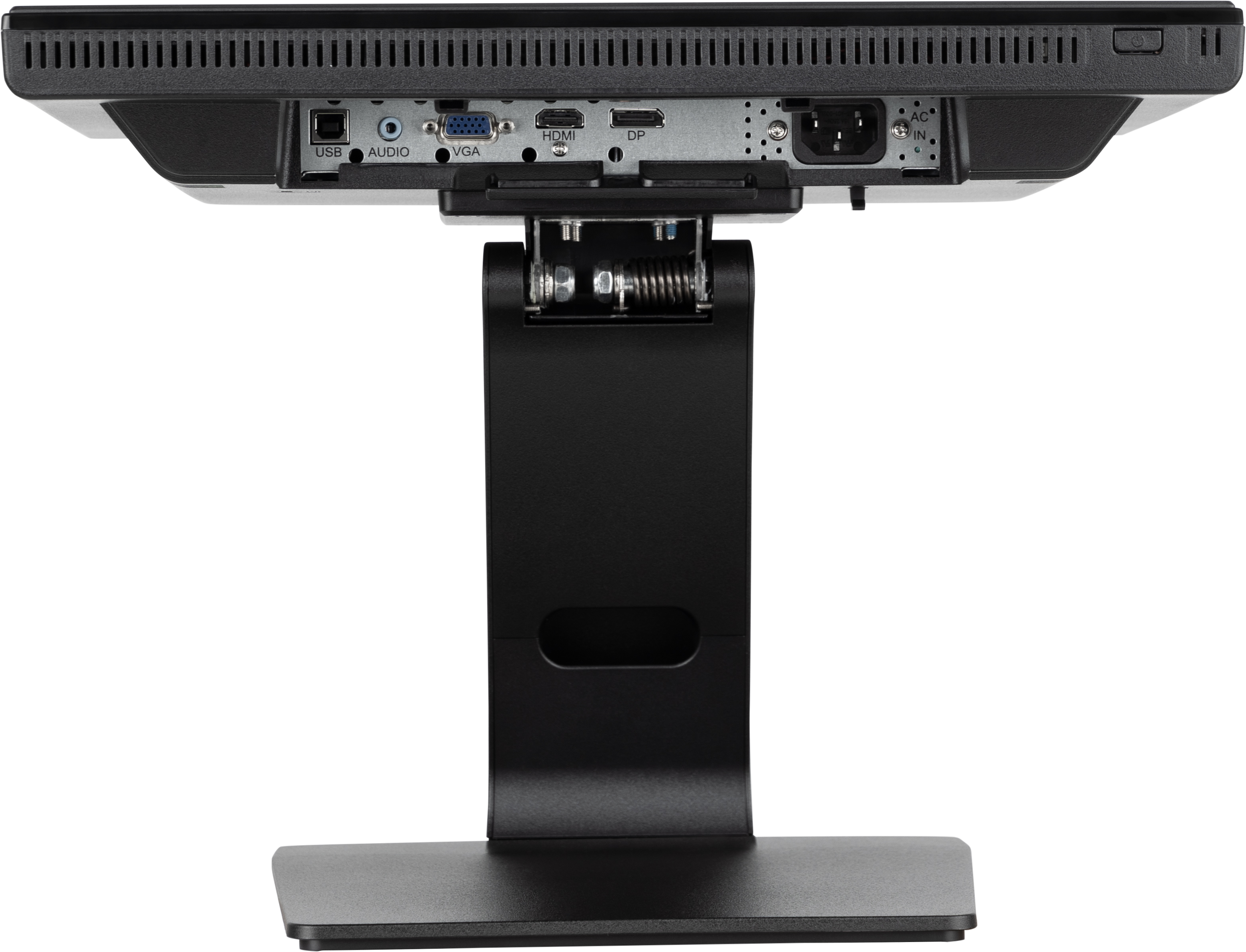 Rückseite des schwarzen Computermonitors mit Anschlüssen: USB, Audio, VGA, HDMI, DP und AC IN. Er hat einen schwarzen Ständer.