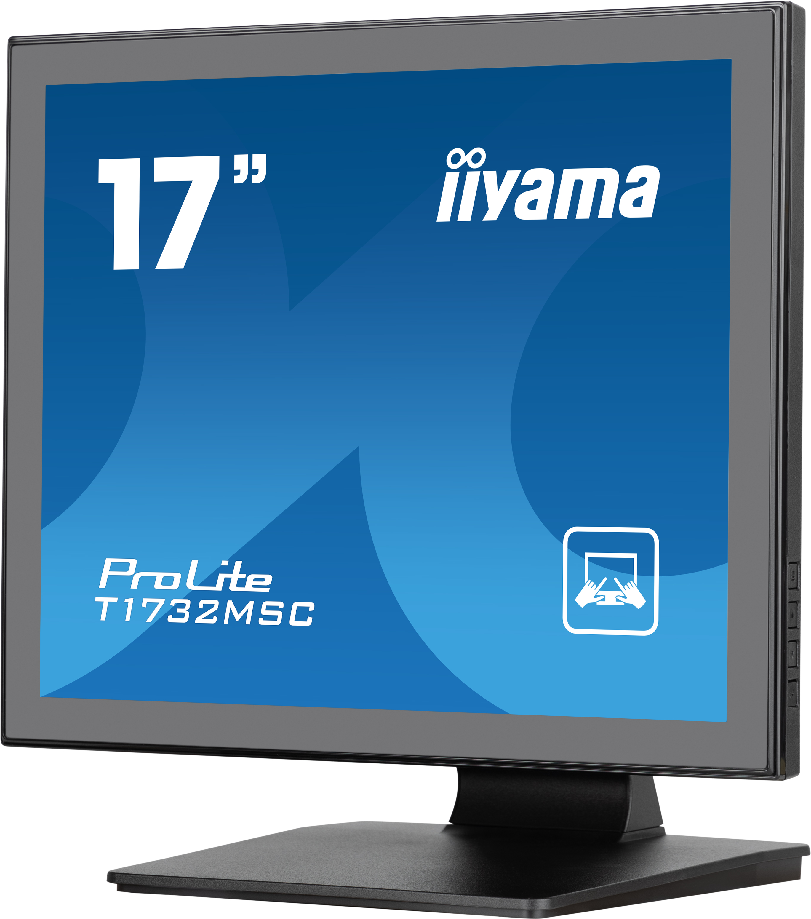 Ein 17-Zoll-iiyama ProLite-Monitor mit blauem Bildschirm zeigt weißen Text. Er hat einen schwarzen Ständer und Rahmen.