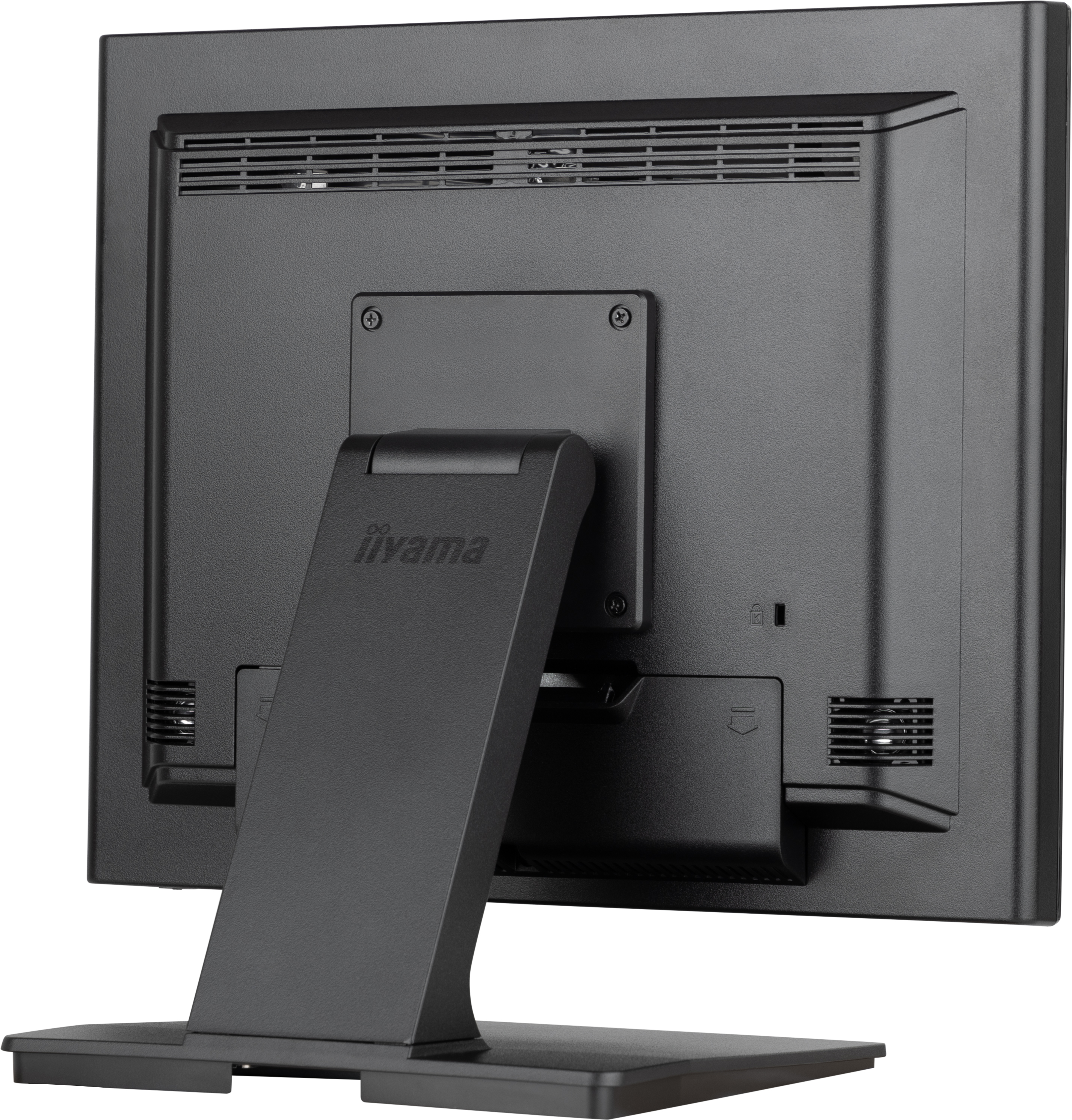 Rückseite eines schwarzen Computermonitors. Er hat einen Ständer und Lüftungsschlitze. Die Marke 'iiyama' ist sichtbar.