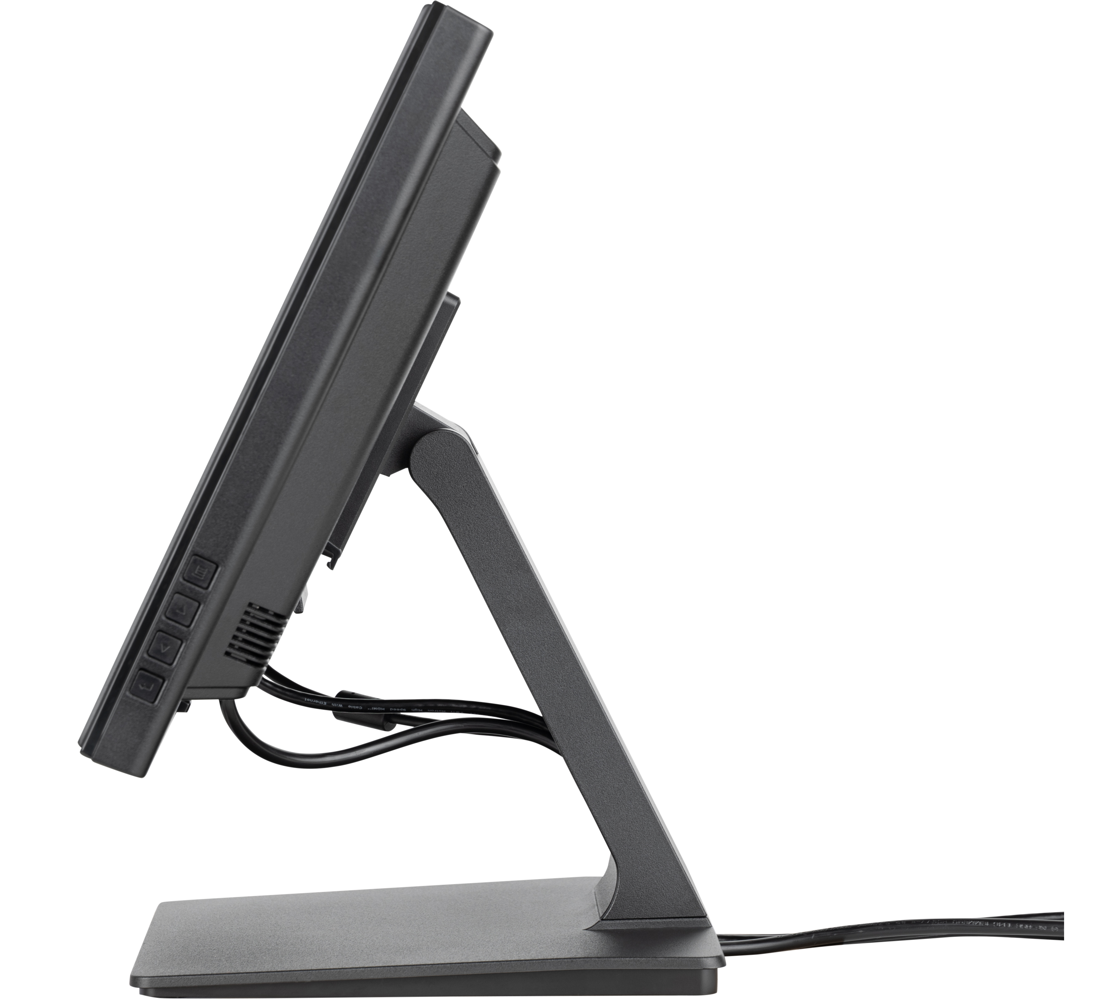 Ein schwarzer Computermonitor, seitlich abgewinkelt, mit Ständer und Kabeln vor weißem Hintergrund.