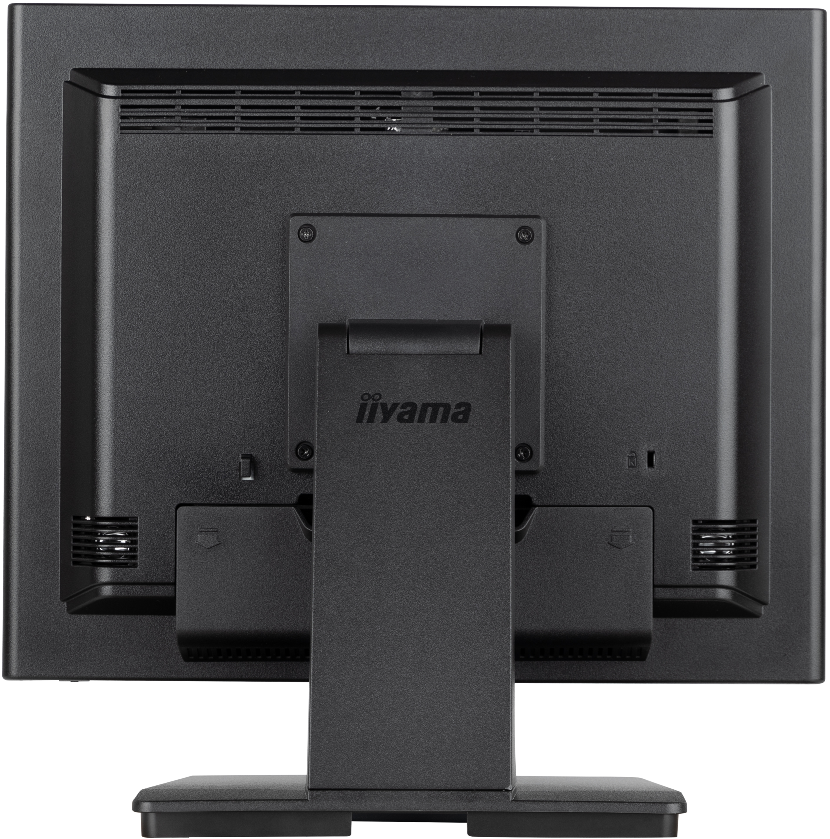 Rückansicht eines schwarzen Computermonitors. Er hat einen Ständer und Lüftungslöcher. Der Markenname 'iiyama' ist sichtbar.