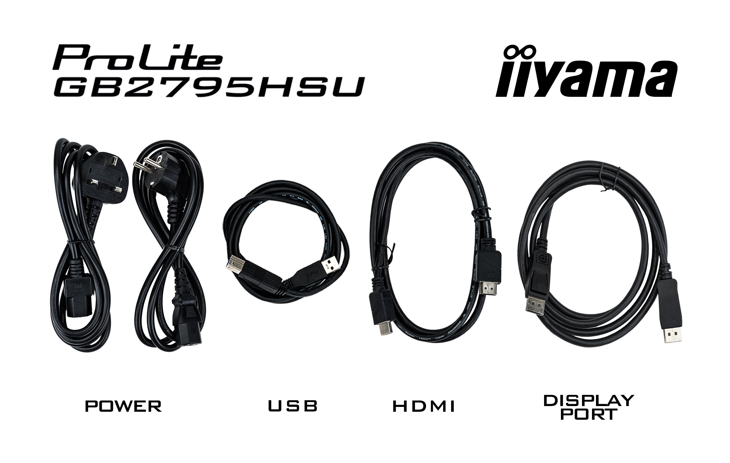 Obraz przedstawia kable zasilające, USB, HDMI i DisplayPort. Tekst zawiera logo ProLite, GB2795HSU i iiyama.