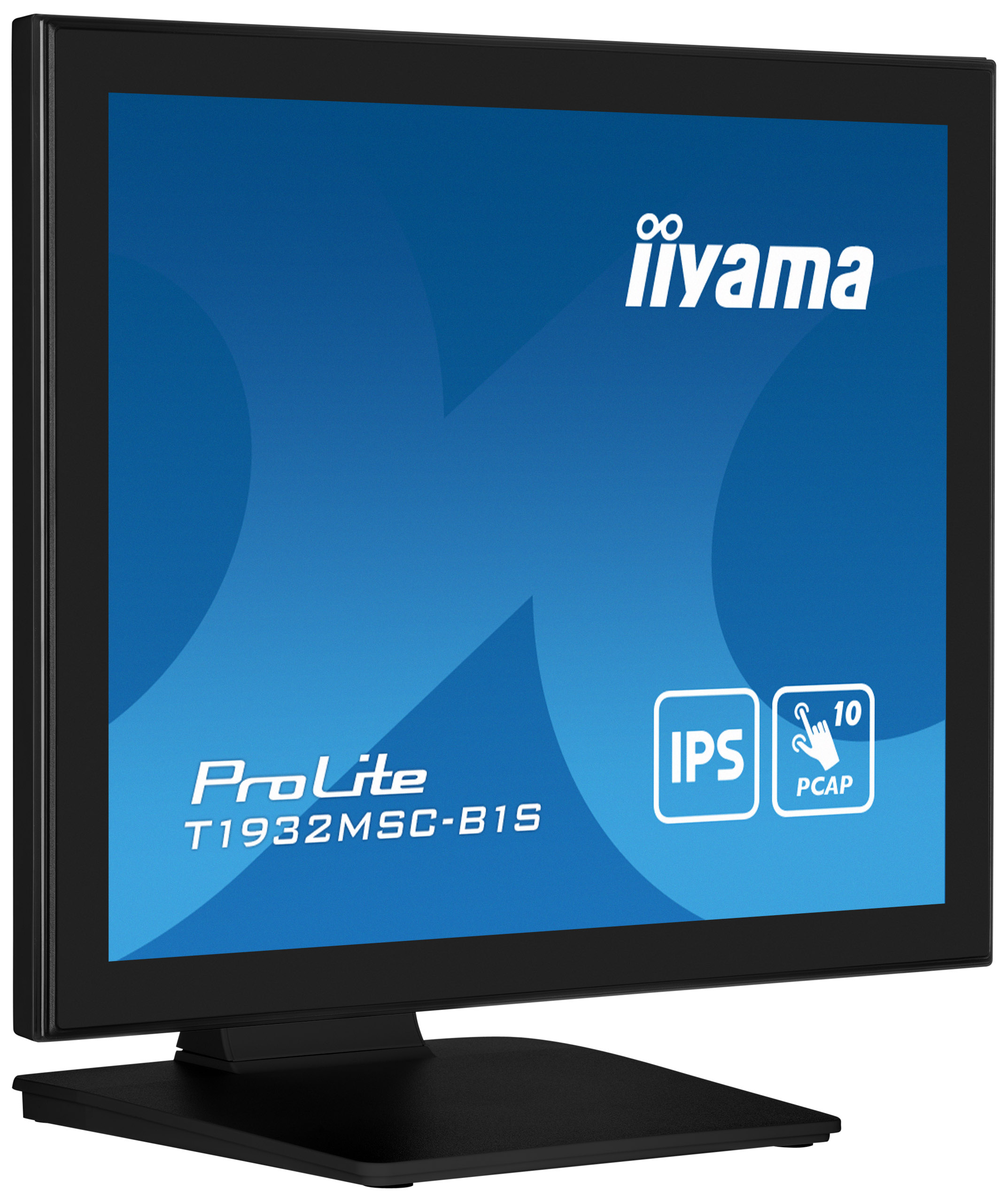 Ein schwarzer iiyama ProLite-Monitor. Er hat einen blauen Bildschirm mit weißem Text und Logos. Der Monitor steht auf einem schwarzen Ständer.