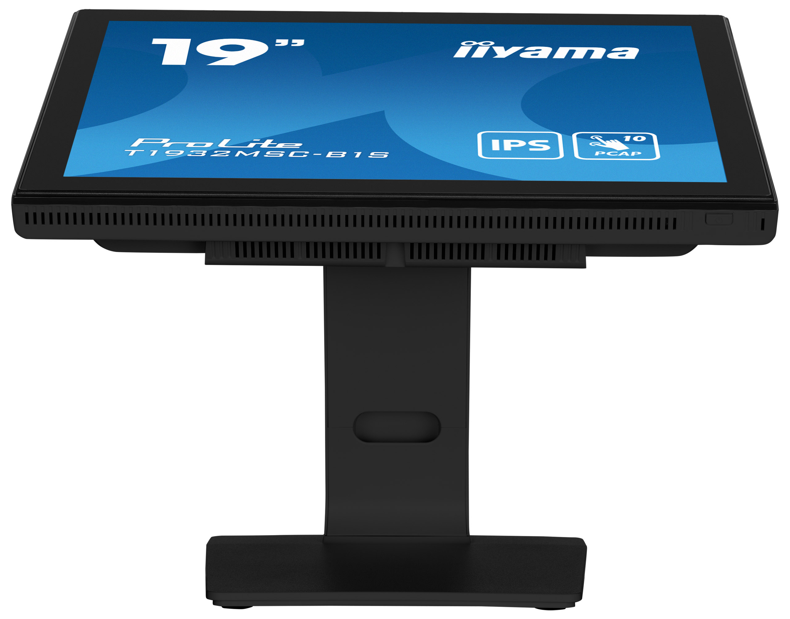 Ein schwarzer 19" iiyama ProLite Touchscreen-Monitor auf einem schwarzen Ständer, mit blauem Bildschirm.
