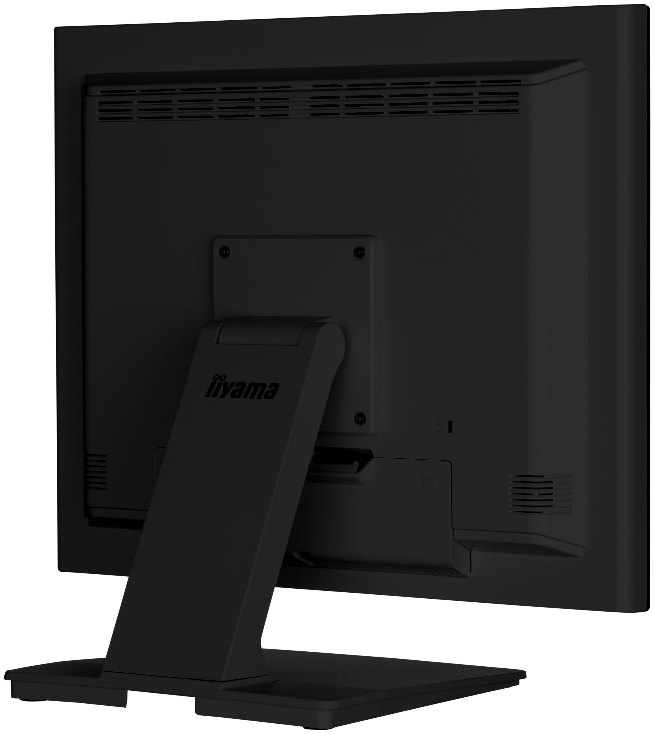 Rückseite eines schwarzen Computermonitors mit dem Markennamen iiyama auf dem Ständer.