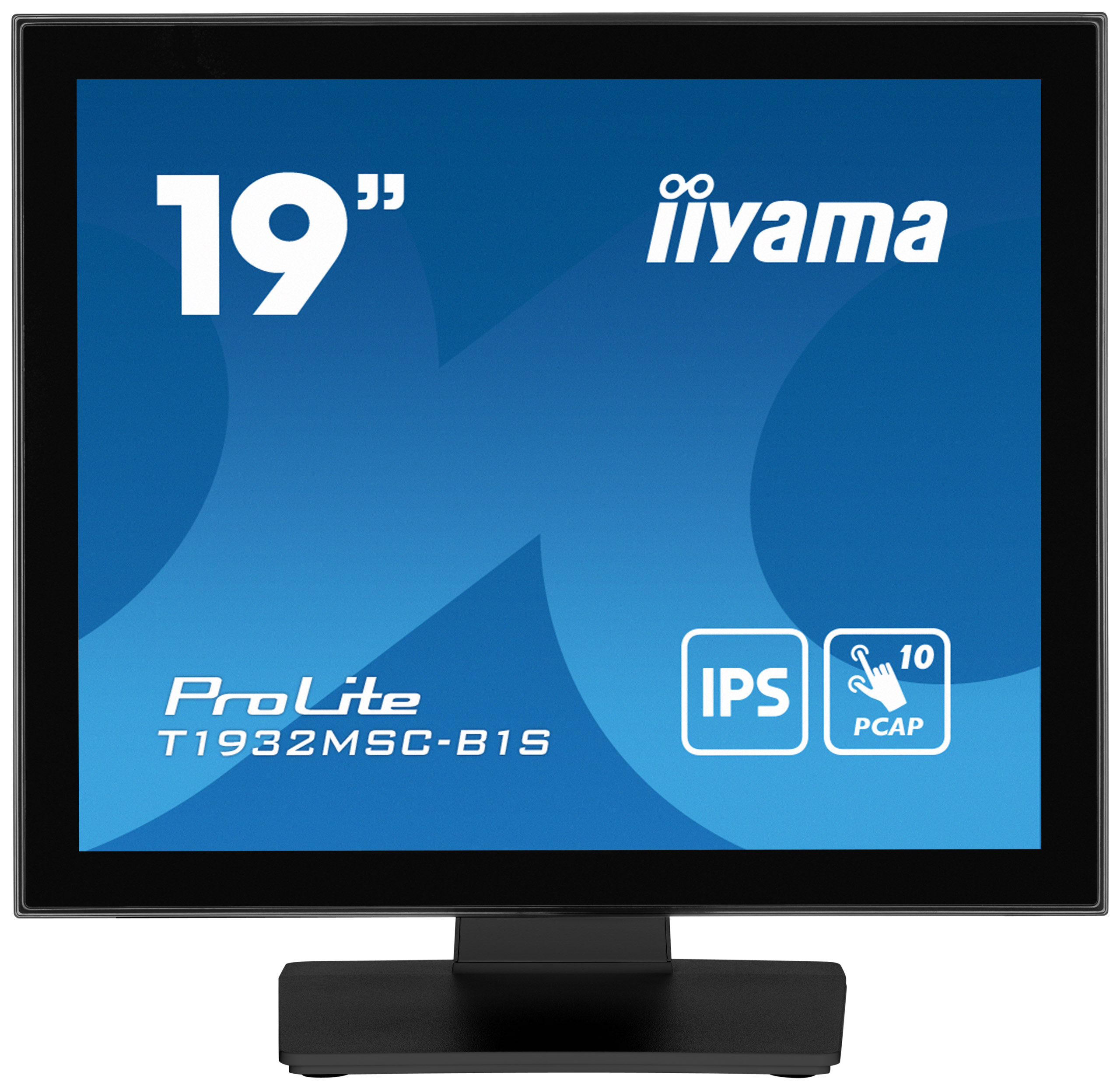 Ein 19-Zoll-iiyama ProLite Touchscreen-Monitor. Er hat einen schwarzen Rahmen und Sockel, mit blauem Bildschirm.