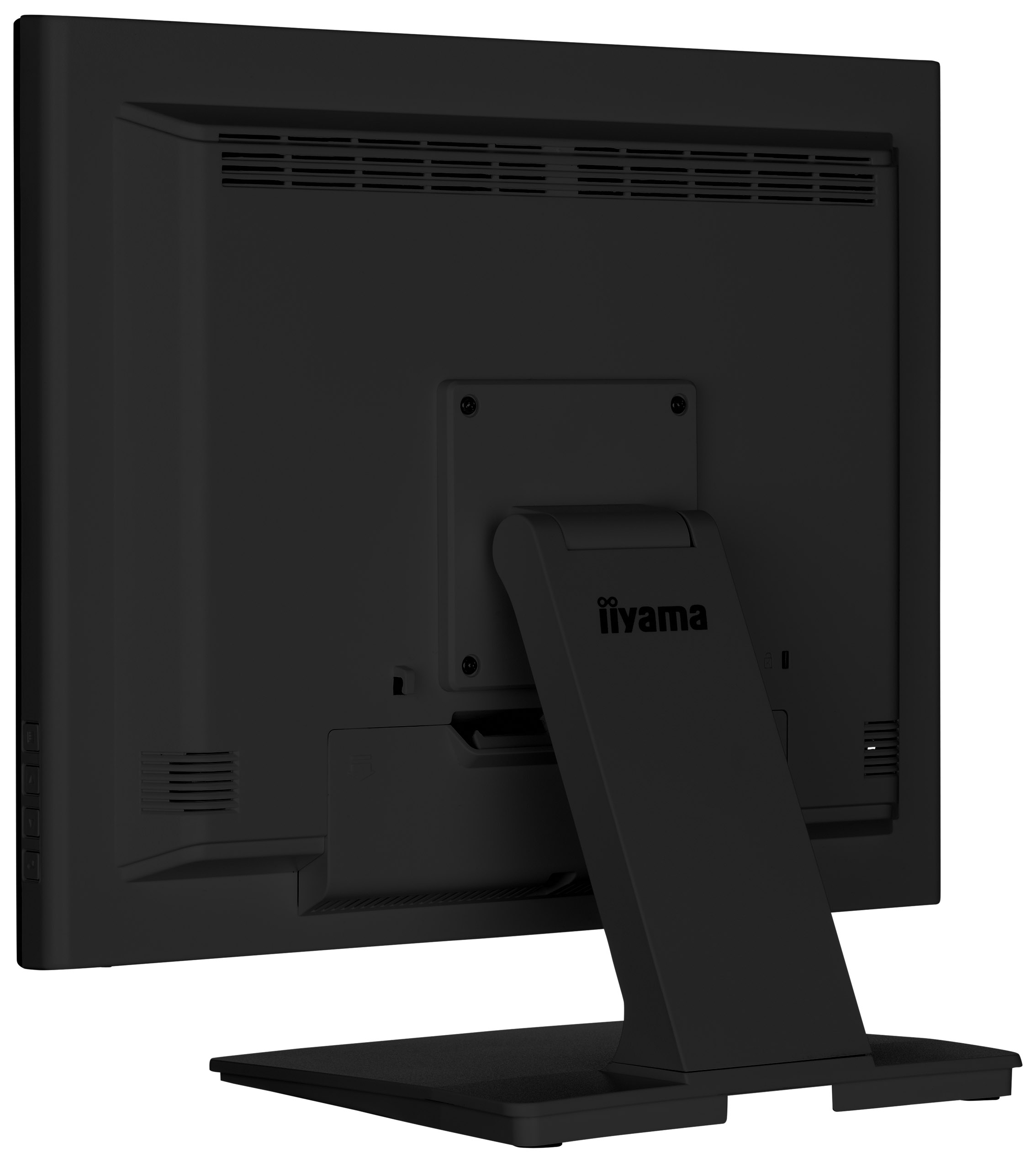 Rückansicht eines schwarzen iiyama-Monitors. Er hat einen Ständer und Lüftungsschlitze. Das iiyama-Logo ist sichtbar.