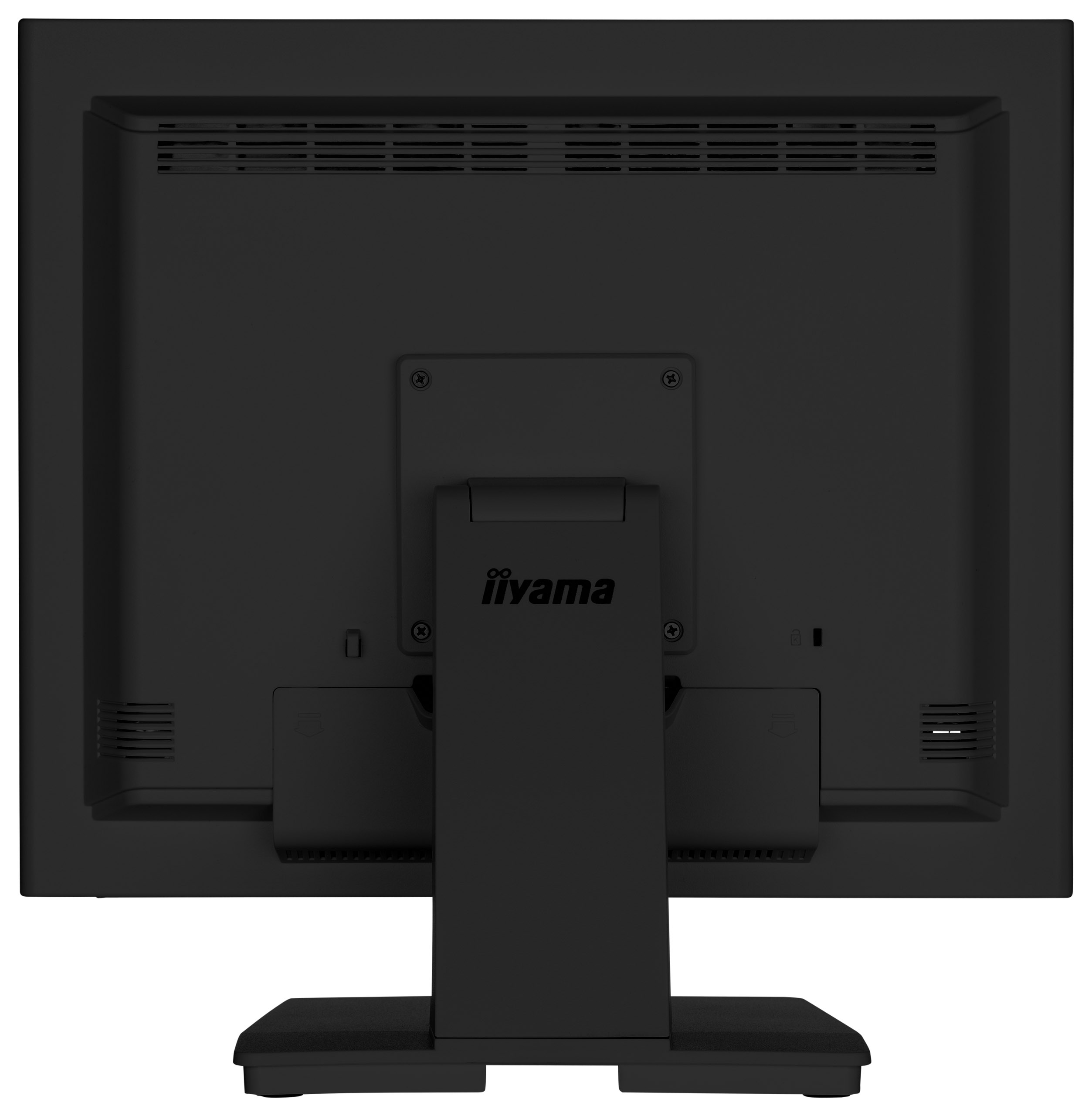 Rückseite des schwarzen Computermonitors. Mit Ständer und Lüftungsschlitzen. Mit iiyama-Logo.