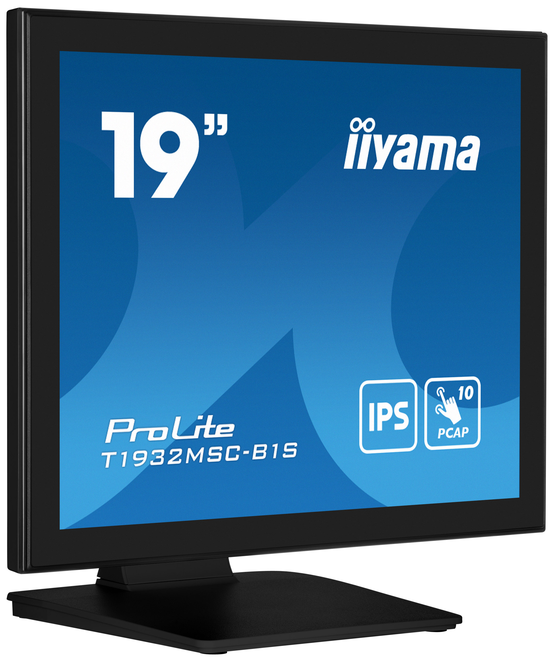 19" iiyama ProLite Monitor. Schwarzer Rahmen, blauer Bildschirm mit weißem Text und Symbolen. Enthält IPS und PCAP.