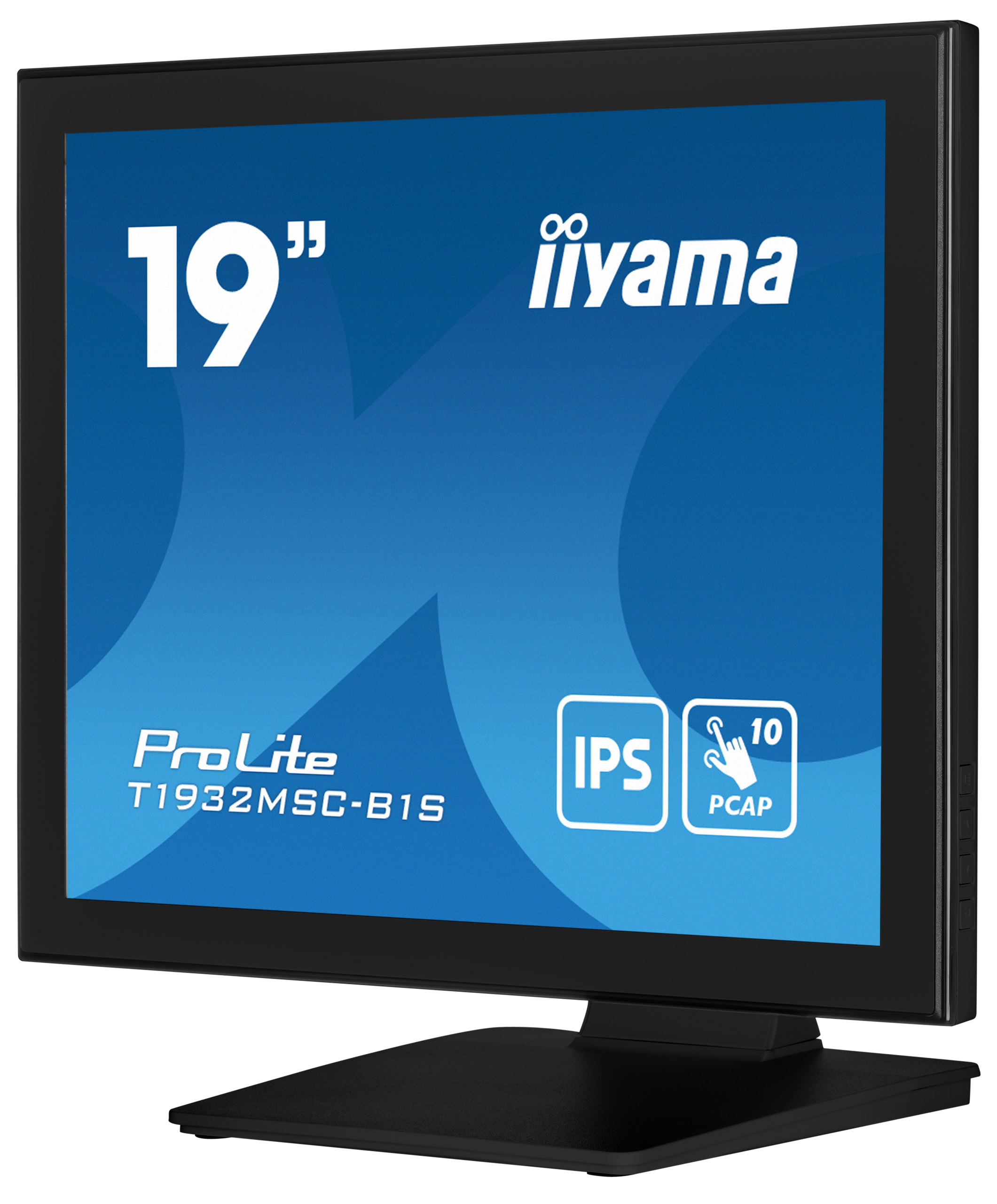 Ein schwarzer 19-Zoll-Touchscreen-Monitor von iiyama mit blauem Farbverlauf, der IPS- und PCAP-Logos anzeigt.
