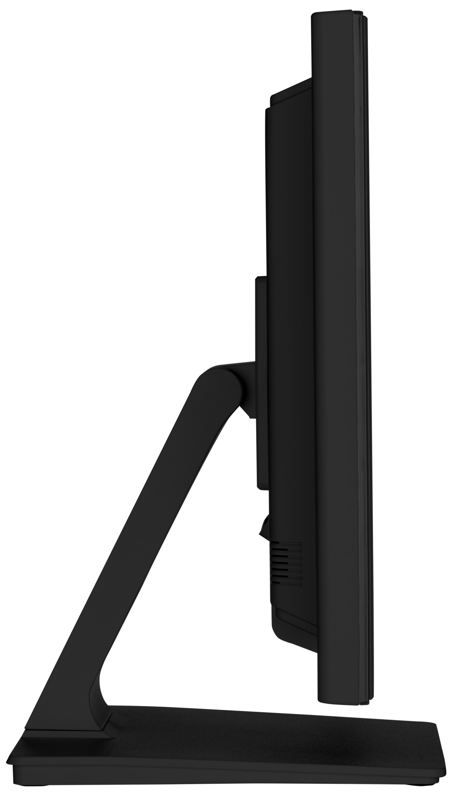 Seitenansicht eines schwarzen Computermonitors. Es hat einen Ständer und einen Tragarm. Der Hintergrund ist weiß.