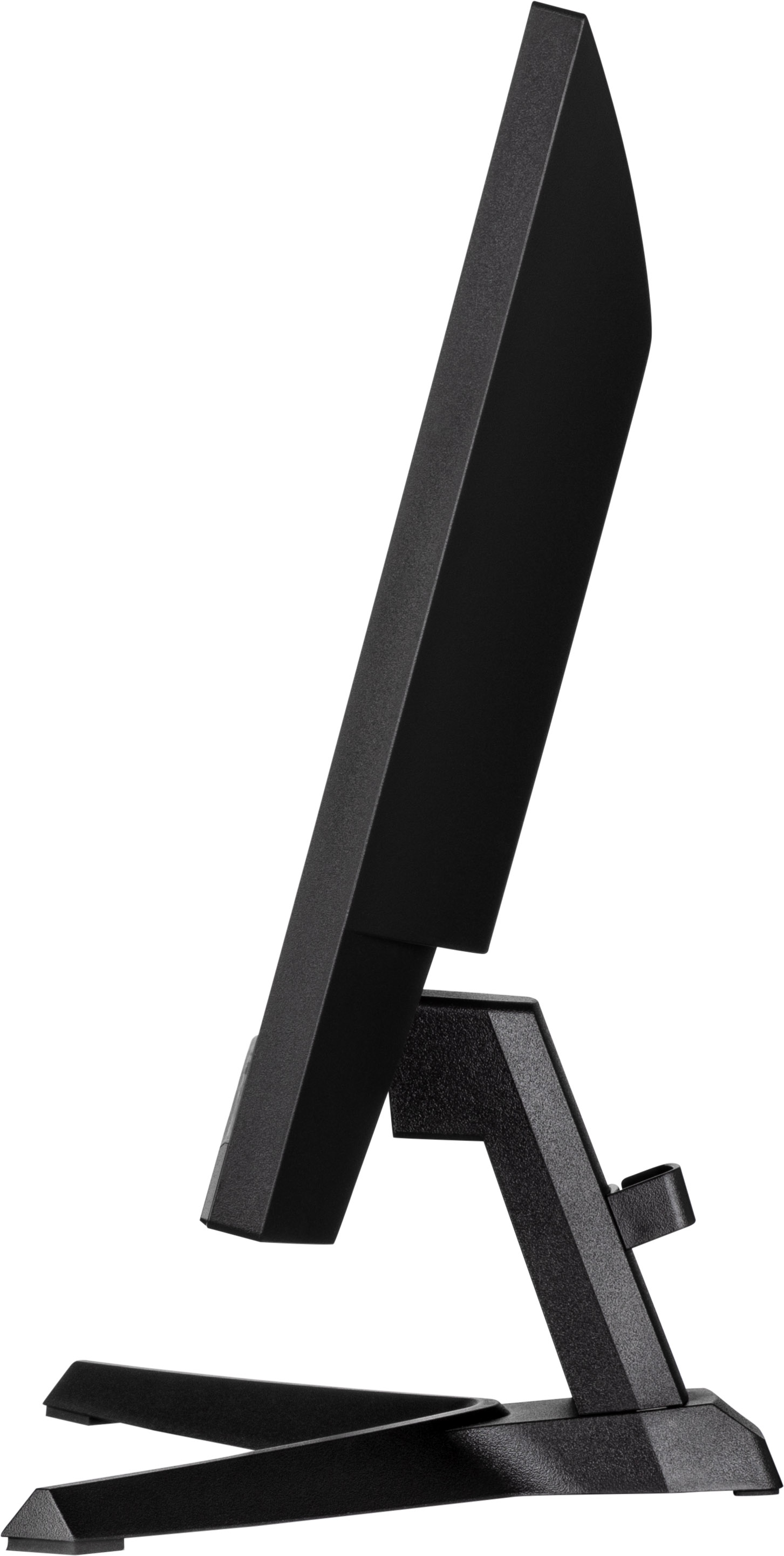 Widok z boku czarnego monitora komputera. Jest ustawiony pod kątem z czarną podstawą i podstawką. Tło jest białe.