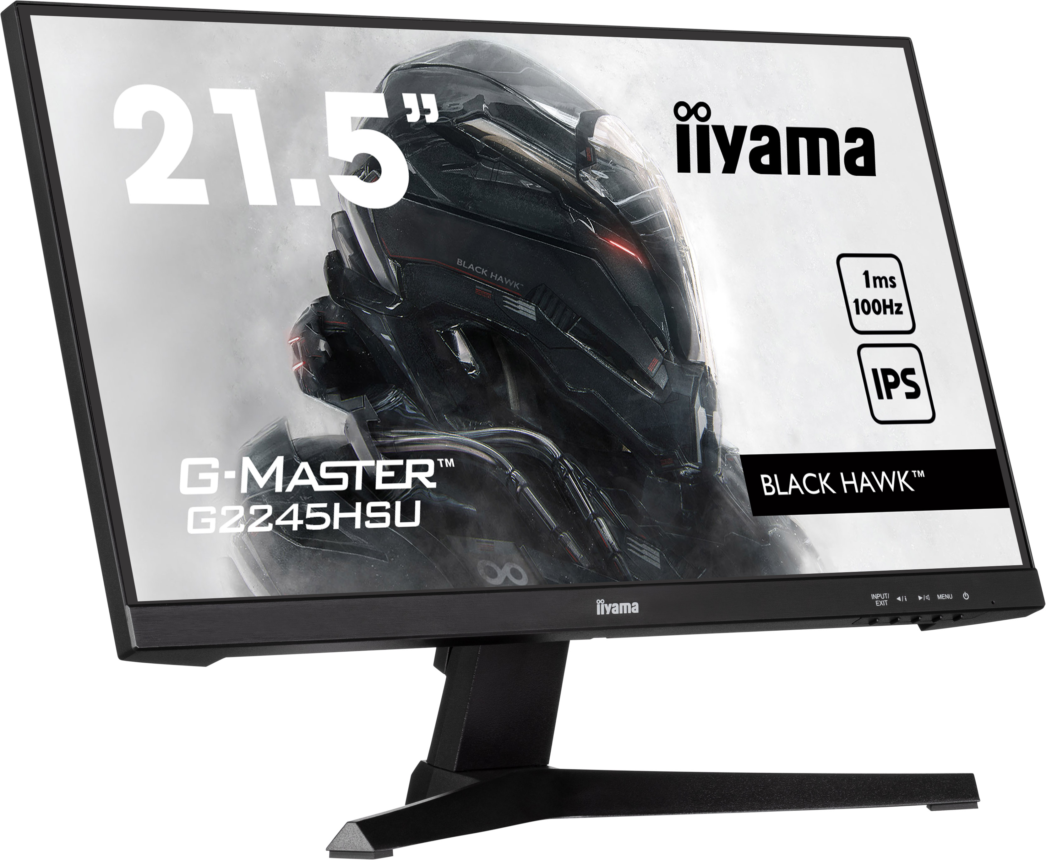 Monitor Iiyama G-Master 21,5 cala. Cechy: 1ms, 100Hz, IPS i branding Black Hawk. Czarna ramka i podstawa.