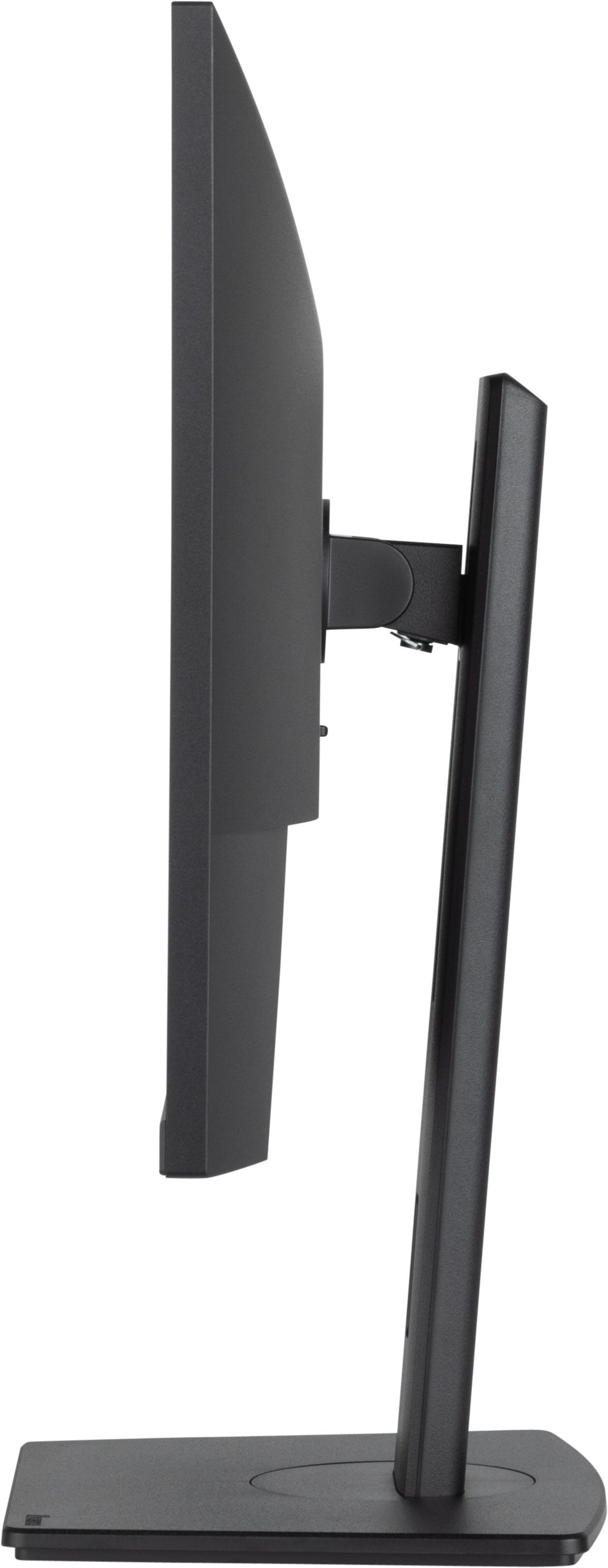Widok z boku czarnego monitora komputerowego. Monitor, stojak i podstawa są czarne na białym tle.