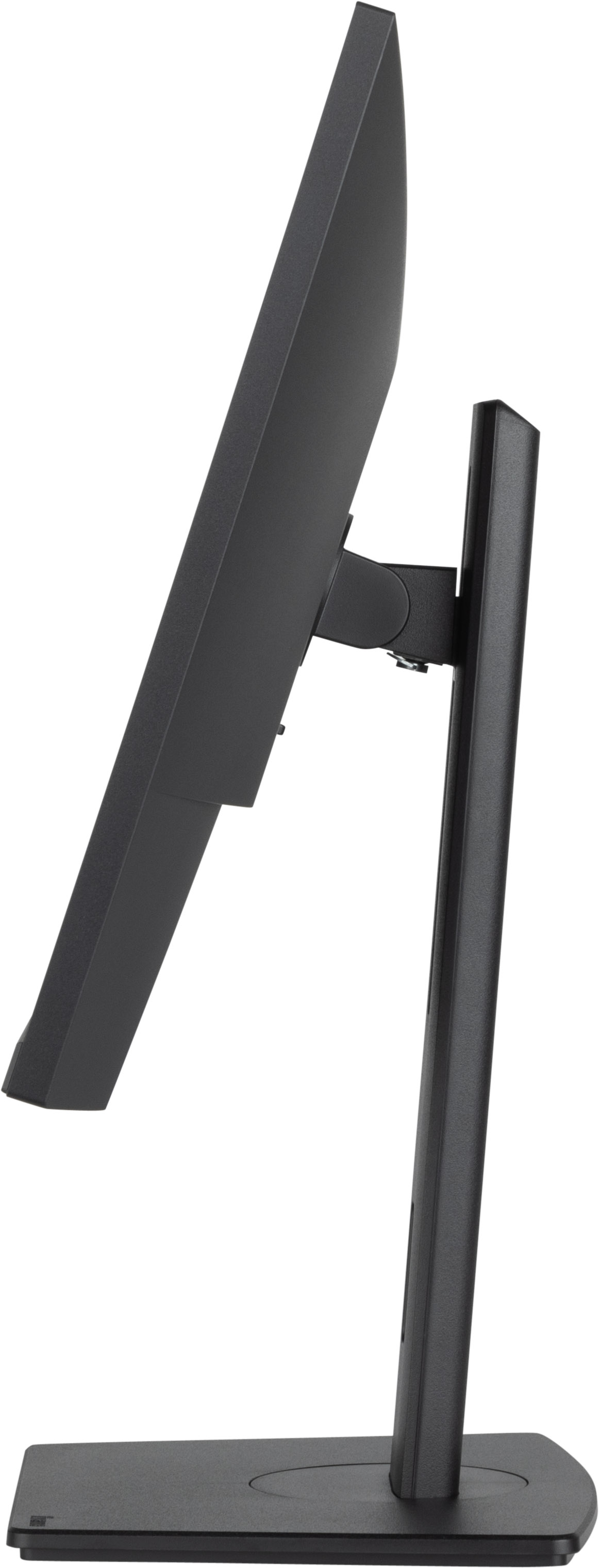 Widok z boku czarnego monitora komputera. Jest ustawiony pod kątem, zamontowany na stojaku, z prostokątną podstawą i pionowym wspornikiem.