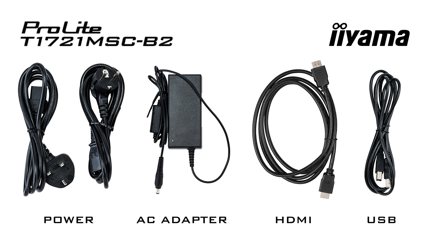 Das Bild zeigt Netzkabel, Netzteil, HDMI-Kabel und USB-Kabel mit Beschriftungen. Die Marke ist Iiyama und ProLite.