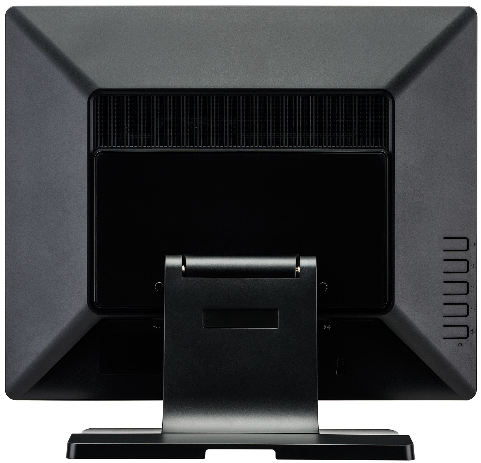 Rückansicht eines schwarzen Computermonitors. Der Monitor hat einen Ständer, Belüftung und Anschlüsse. Der Hintergrund ist weiß.