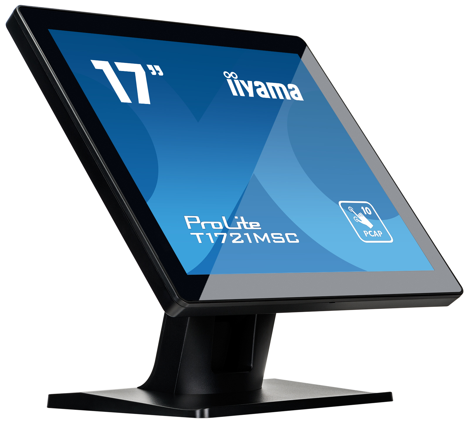 Ein schwarzer Touchscreen-Monitor der Marke 'iiyama'. Der Bildschirm zeigt '17"', den Modellnamen und einen blauen Hintergrund.