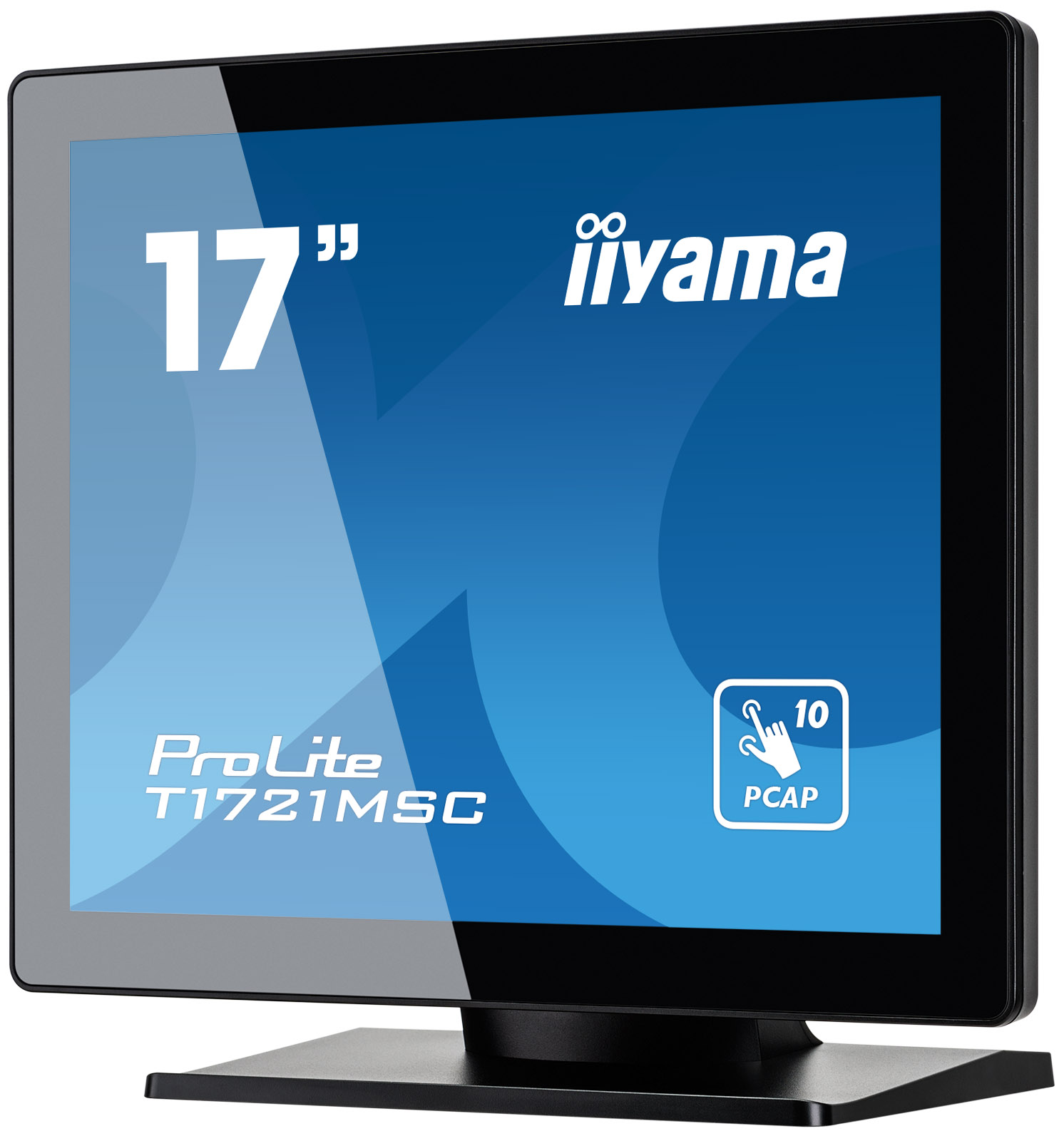 Ein schwarzer Iiyama ProLite T1721MSC 17-Zoll-PCAP-Monitor. Er hat einen blauen Bildschirm mit weißem Text und Symbolen.