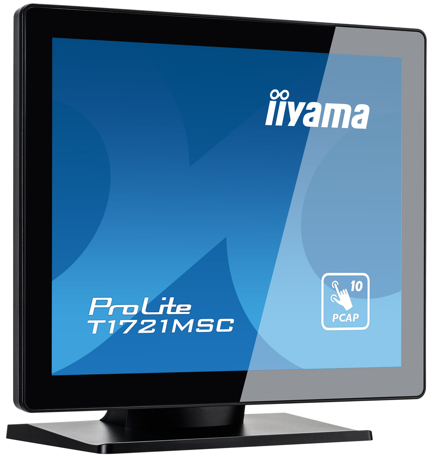 Ein schwarzer Touchscreen-Monitor mit blauem Hintergrund. Der Bildschirm zeigt das iiyama-Logo und den Text ProLite T1721MSC.
