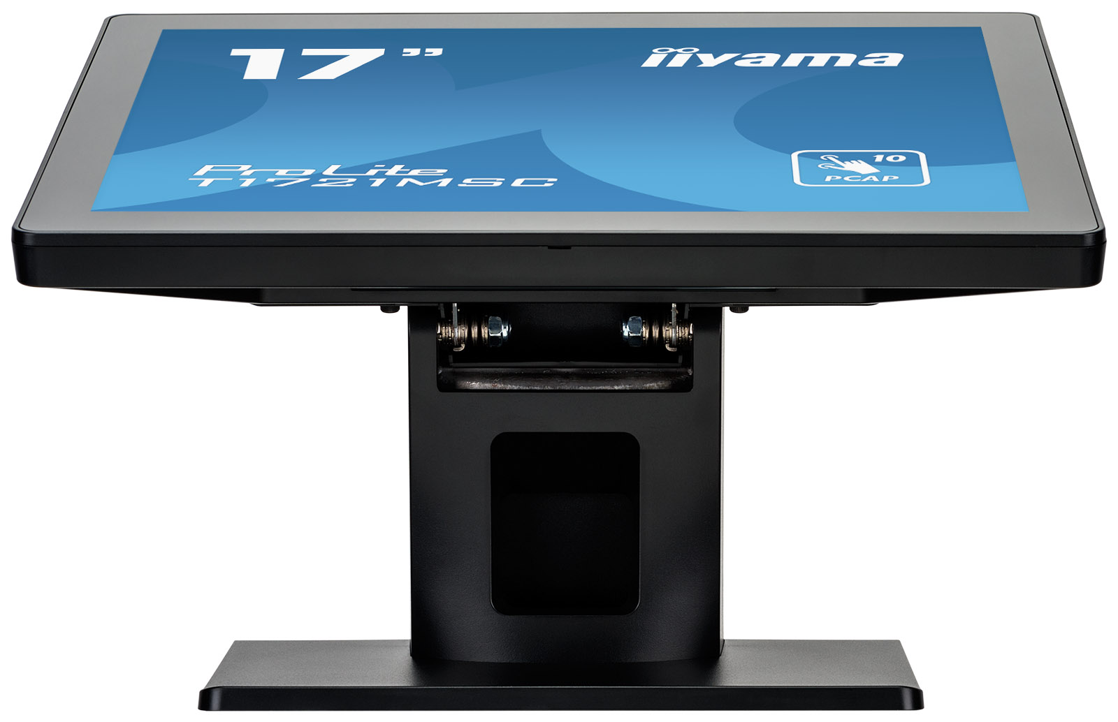 Ein schwarzer Iiyama ProLite Touchscreen-Monitor. Er hat einen 17-Zoll-Bildschirm, einen schwarzen Ständer und ein PCAP-Touch-Symbol.