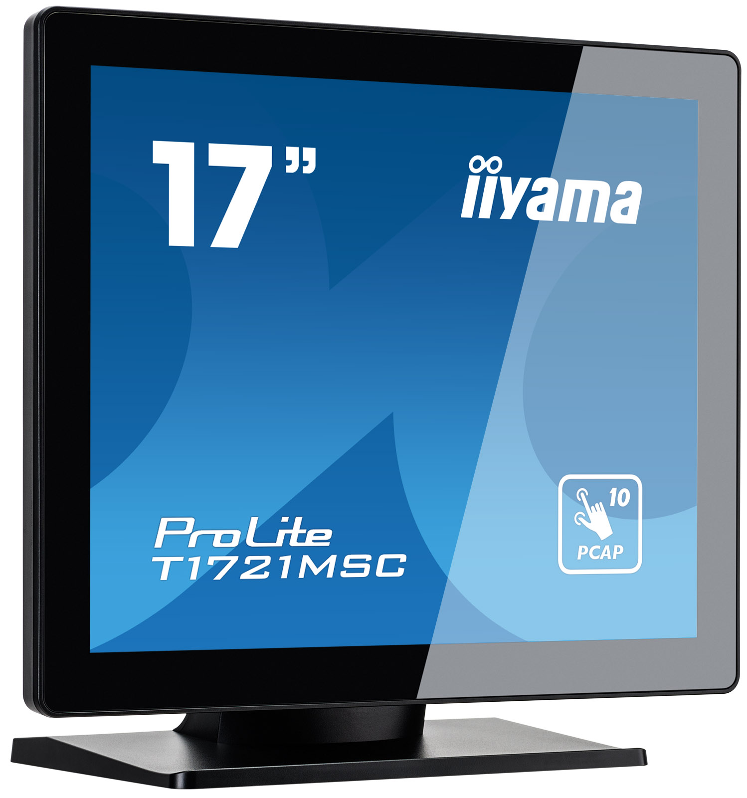 Ein 17-Zoll-iiyama ProLite T1721MSC PCAP-Touchscreen-Monitor. Der Bildschirm zeigt Markenname, Größe und Touch-Funktionen.