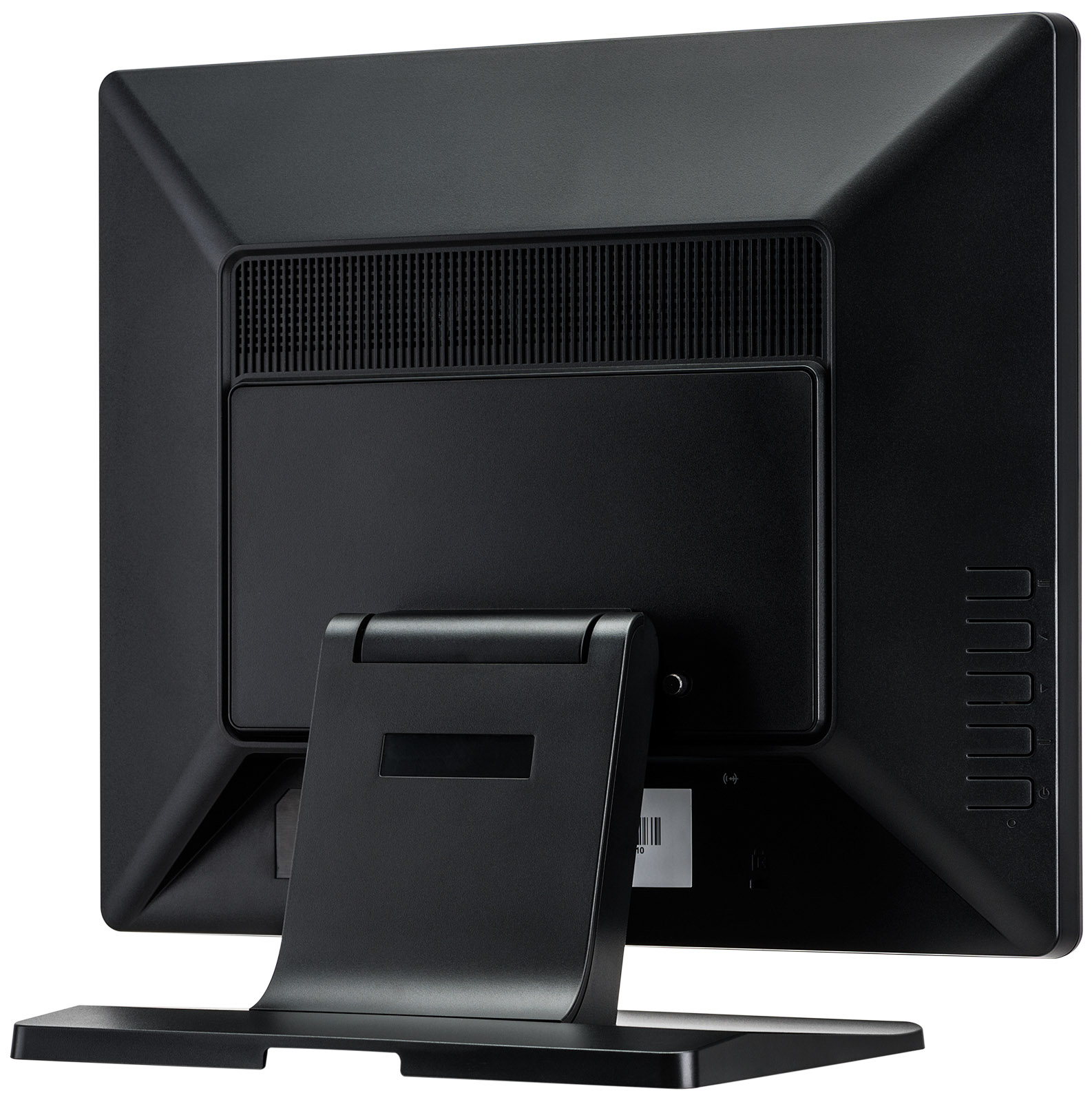 Rückansicht eines schwarzen Computermonitors. Er hat einen Ständer und Belüftungsschlitze. Die Rückwand hat eine strukturierte Oberfläche.