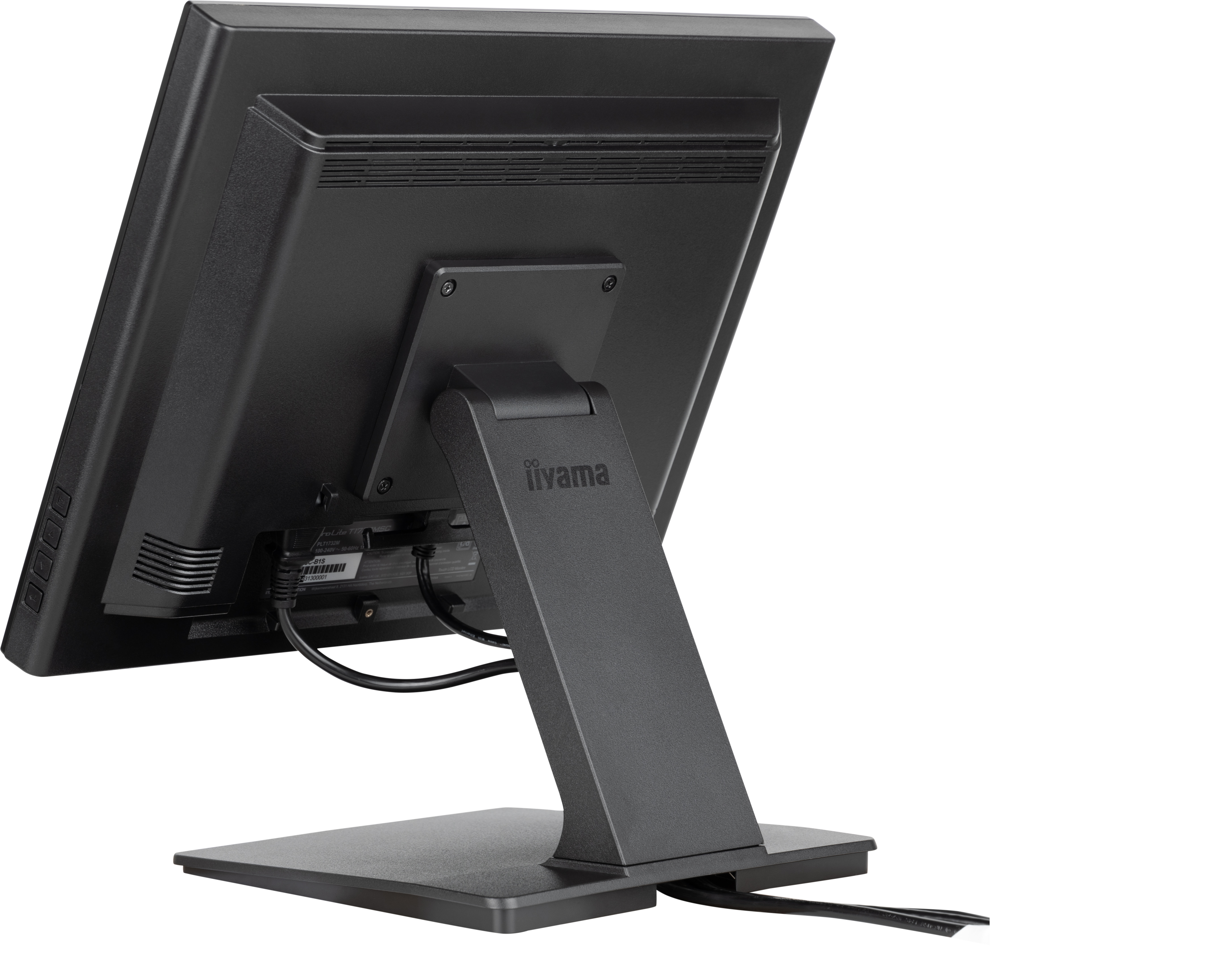 Schwarzer Computermonitor von hinten, abgewinkelt. Mit Ständer und einigen Kabeln.