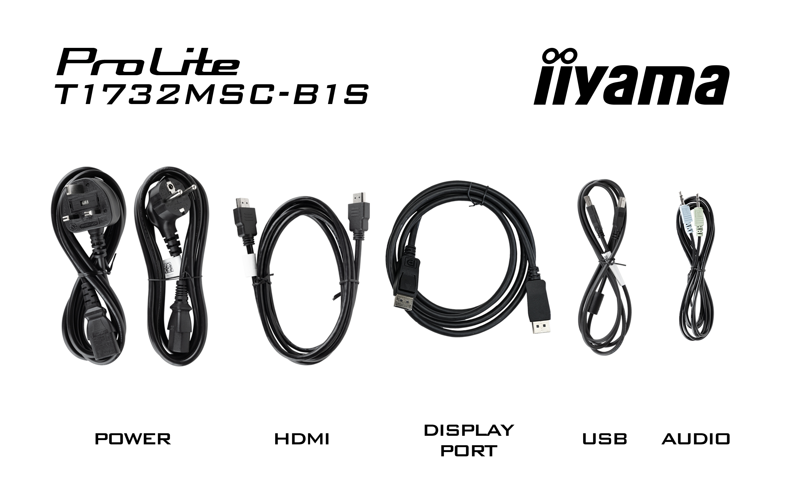 Das Bild zeigt Kabel: Strom, HDMI, DisplayPort, USB und Audio. Text: ProLite T1732MSC-B1S und iiyama Logos sind vorhanden.