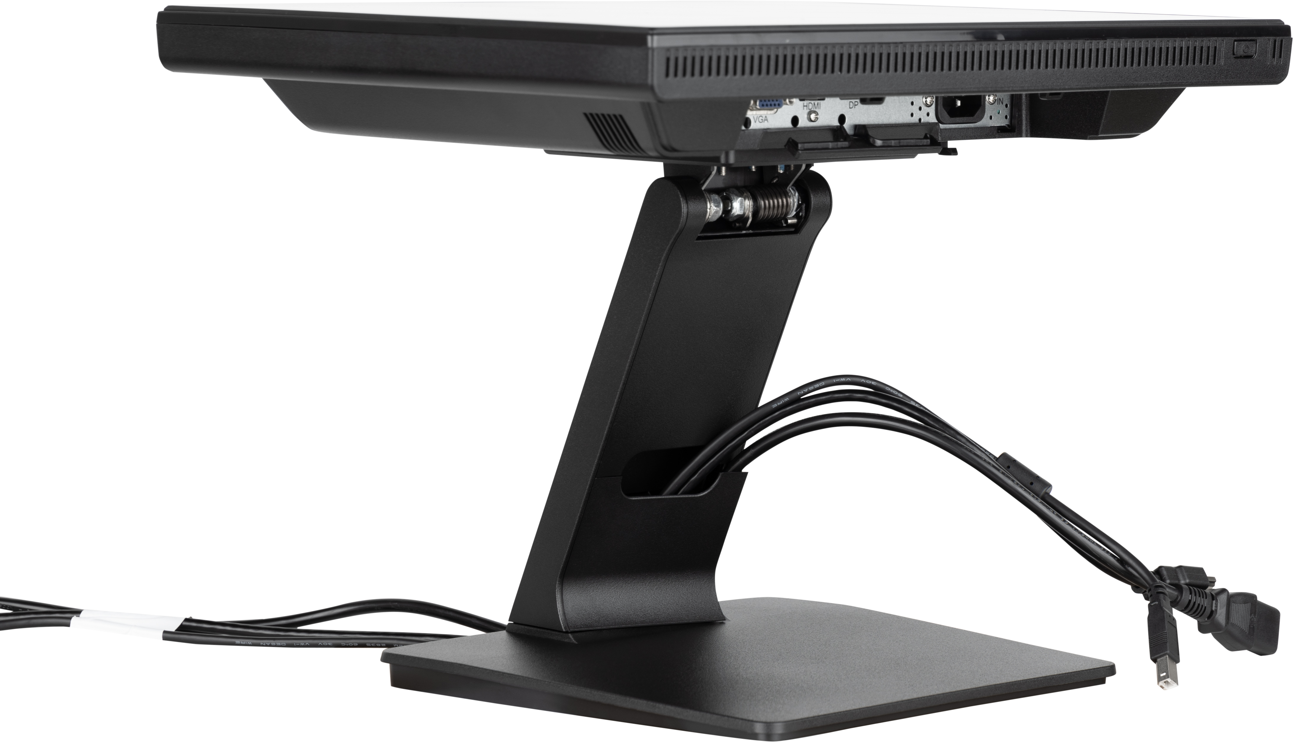 Ein schwarzer Computermonitor mit stabilem Ständer. Kabel sind an der Rückseite angeschlossen und hängen herunter. Der Monitor ist abgewinkelt.