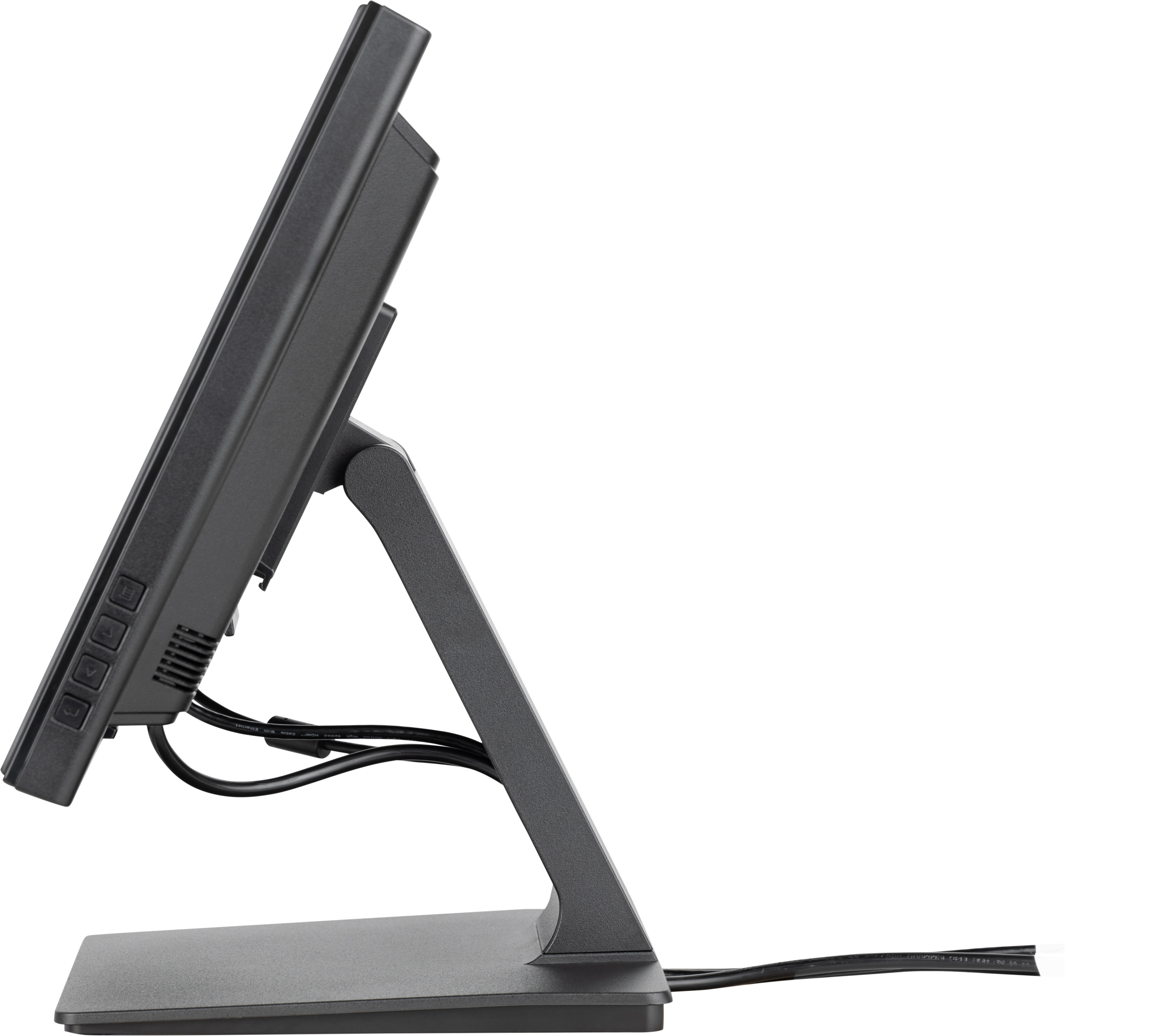Ein schwarzer Computermonitor auf einem Ständer. Der Monitor ist nach links abgewinkelt und zeigt seitliche Tasten und angeschlossene Kabel.