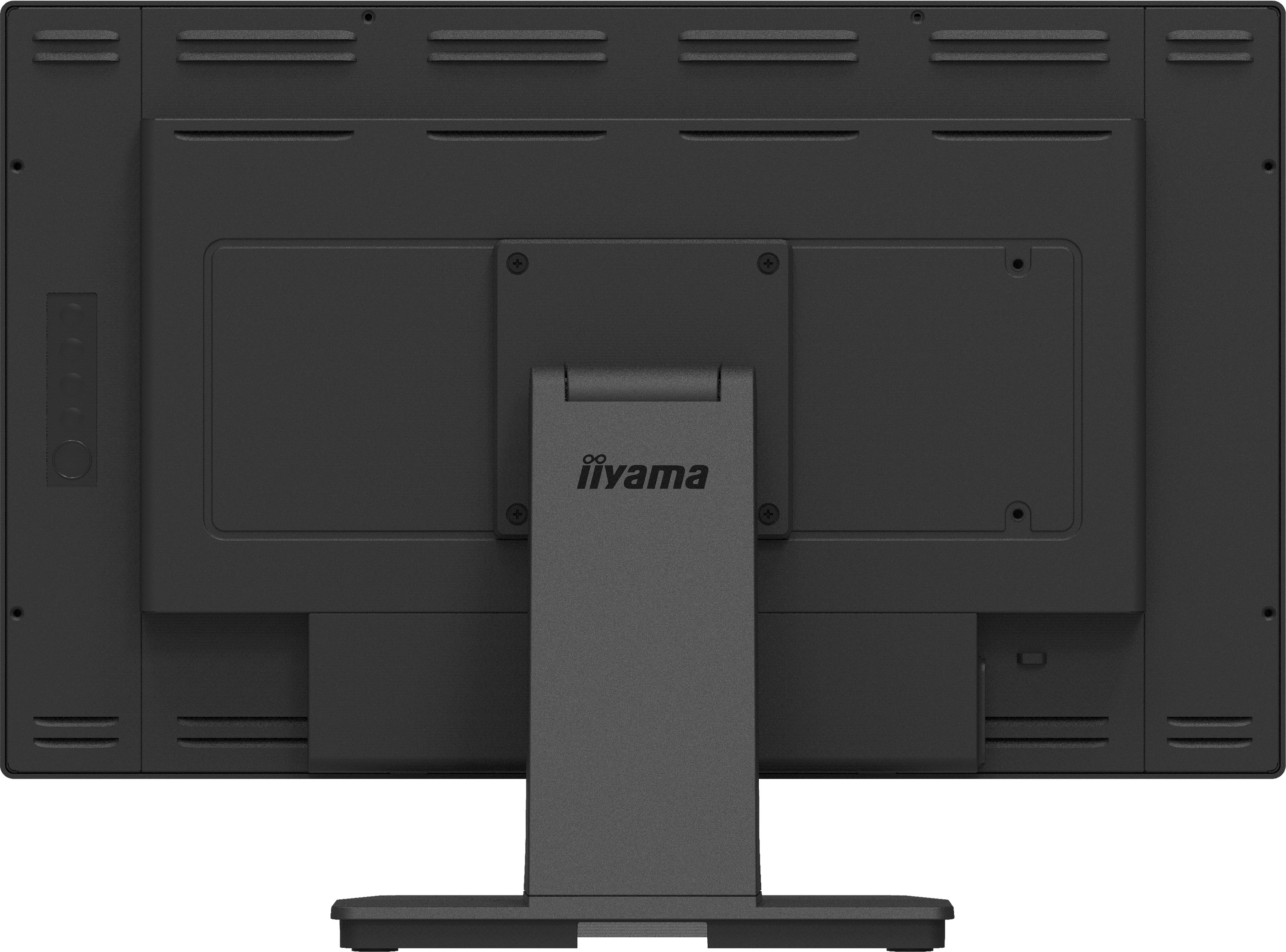 Rückansicht eines schwarzen Computermonitors mit dem iiyama-Logo und einem Ständer.