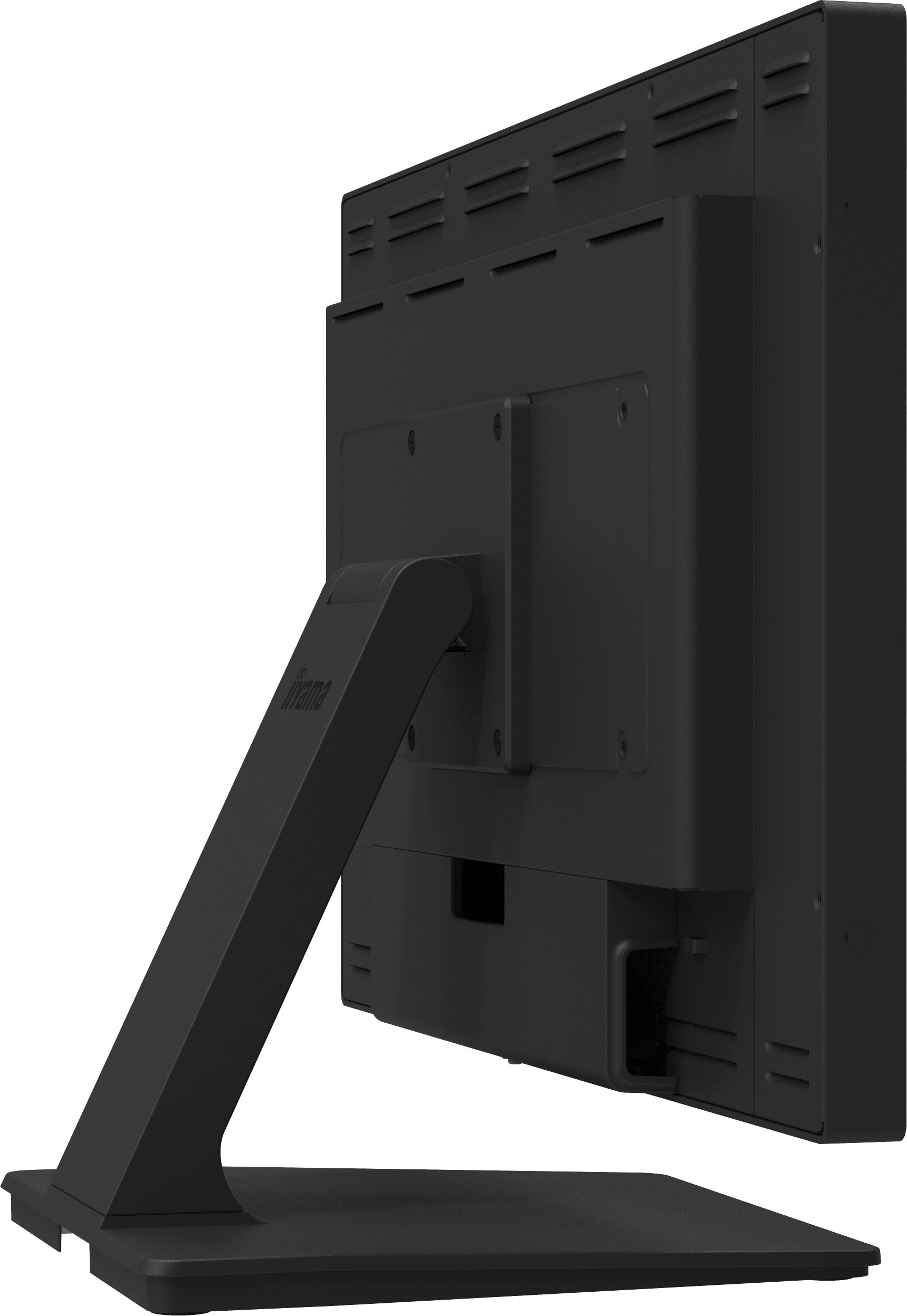 Ein schwarzer Computermonitor auf einem Ständer. Die Rückseite des Monitors ist sichtbar und zeigt Lüftungsschlitze und Anschlüsse.