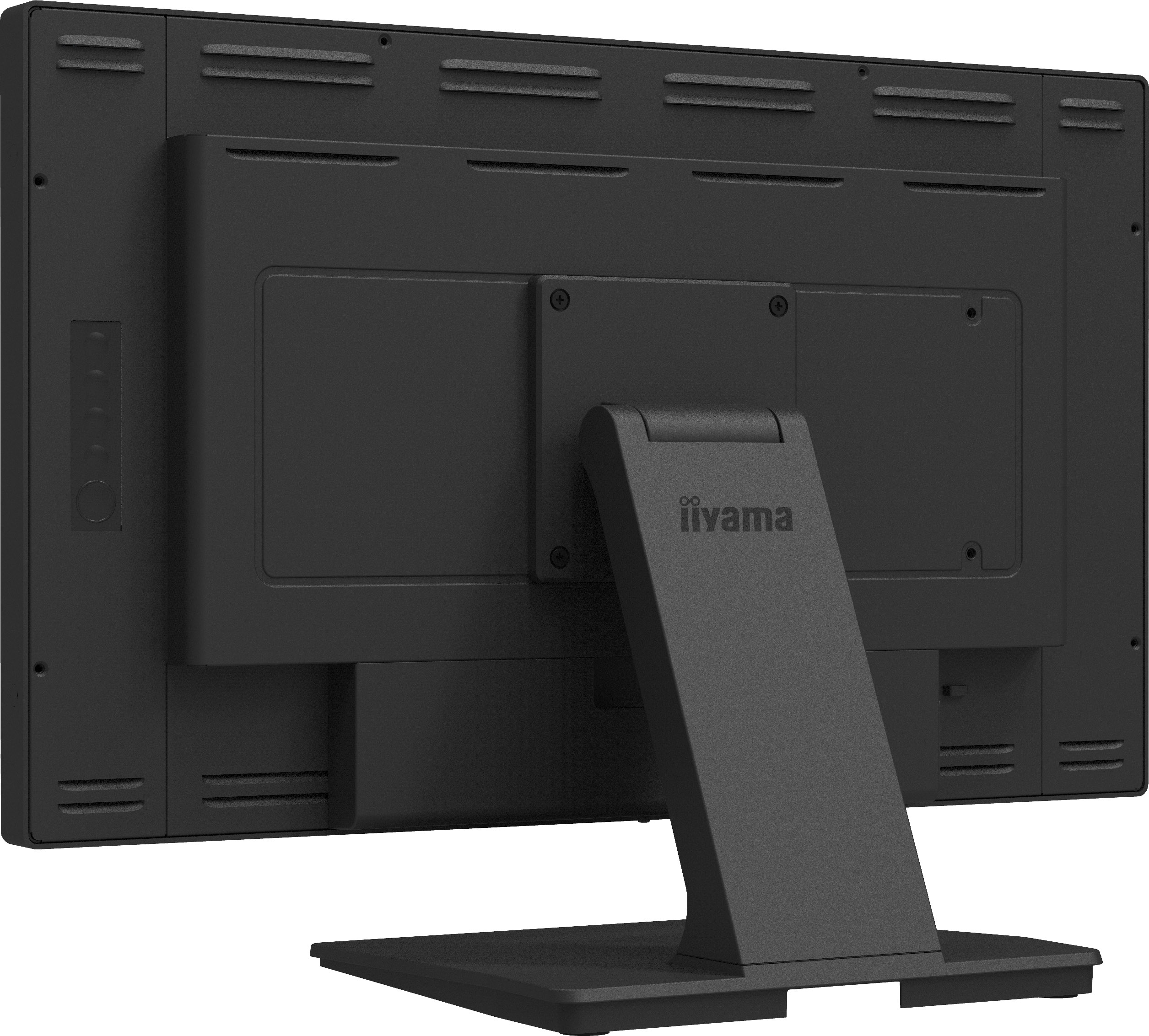 Rückansicht eines schwarzen Computermonitors mit Ständer. Die Rückseite hat Lüftungsschlitze und Anschlüsse. Das iiyama-Logo ist sichtbar.